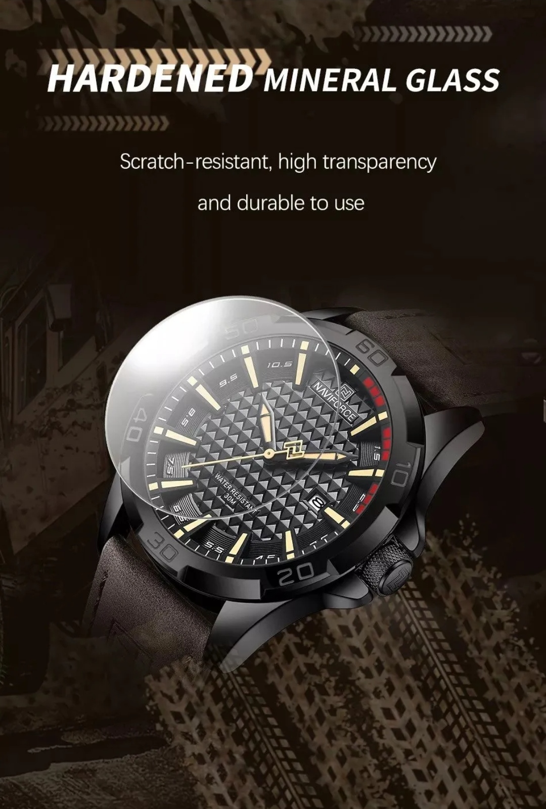 Naviforce 8023 Gents Belt Watch- Black Dial with Yellow Markings- Black Bezel- Chocolate  Belt- TF Code NF828BM_img_6