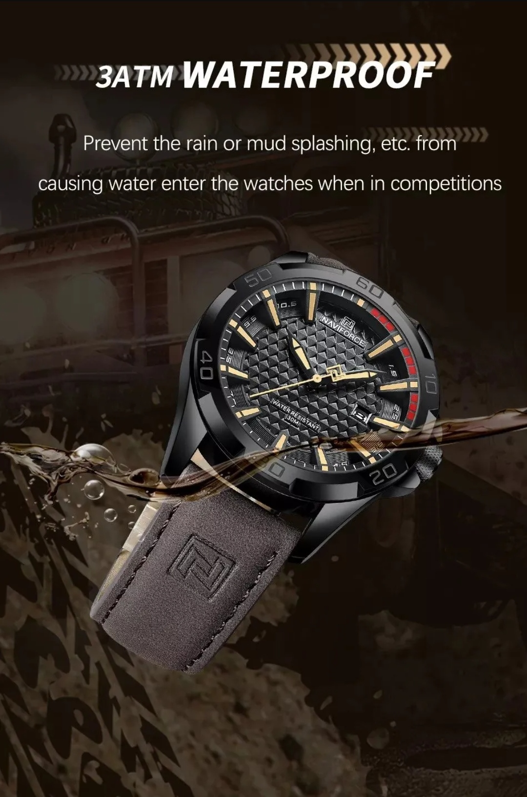 Naviforce 8023 Gents Belt Watch- Black Dial with Yellow Markings- Black Bezel- Chocolate  Belt- TF Code NF828BM_img_7