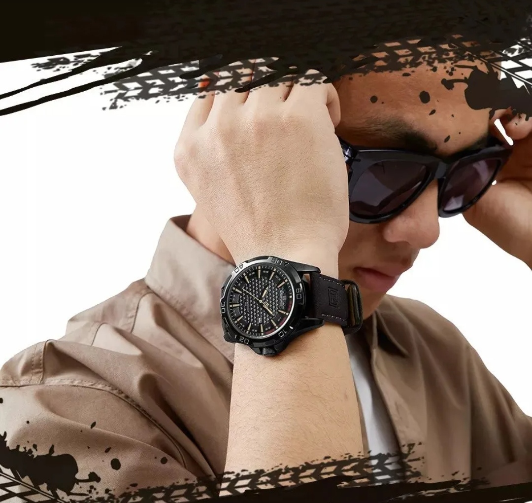 Naviforce 8023 Gents Belt Watch- Black Dial with Yellow Markings- Black Bezel- Chocolate  Belt- TF Code NF828BM_img_9