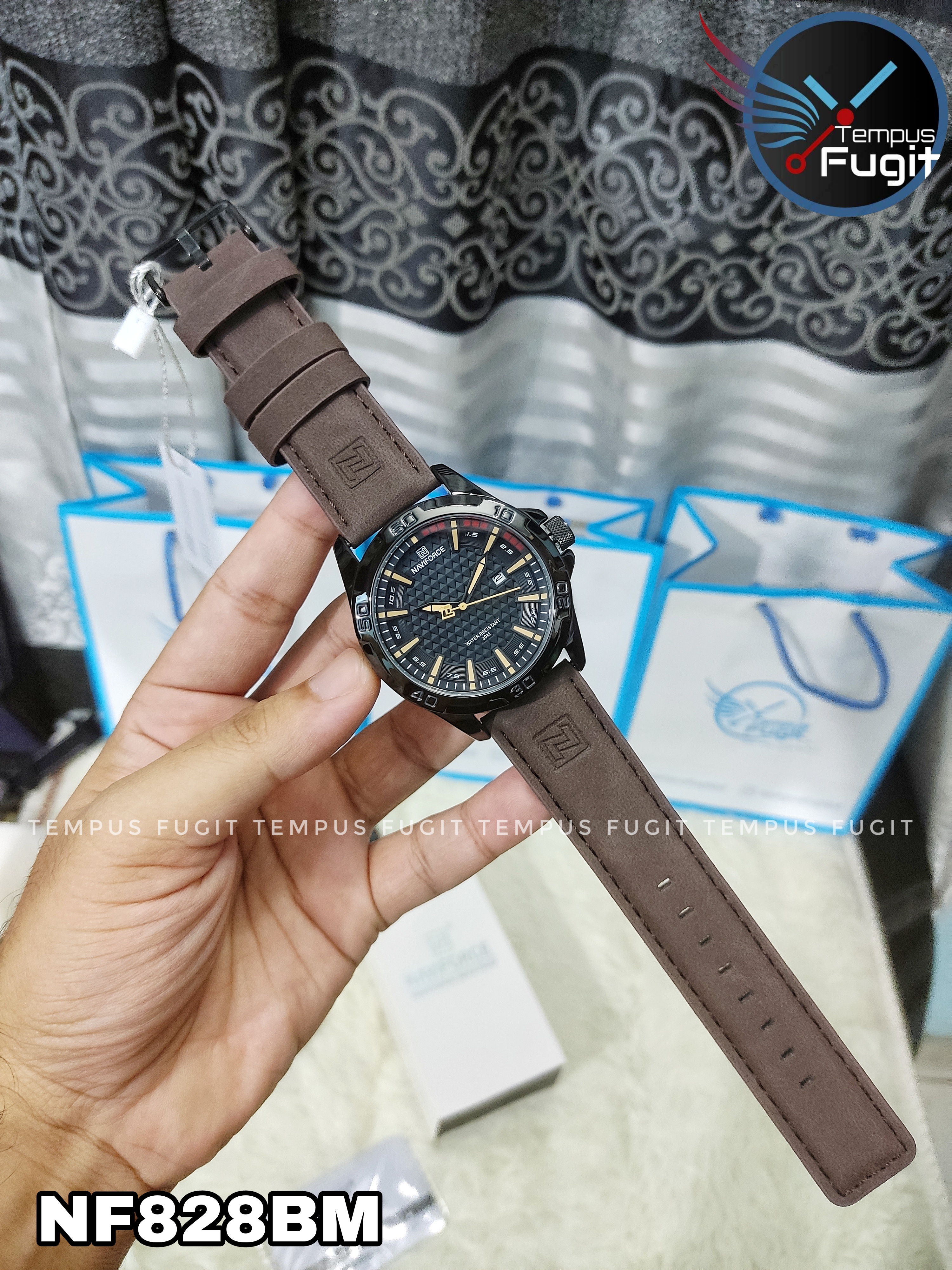 Naviforce 8023 Gents Belt Watch- Black Dial with Yellow Markings- Black Bezel- Chocolate  Belt- TF Code NF828BM_img_11