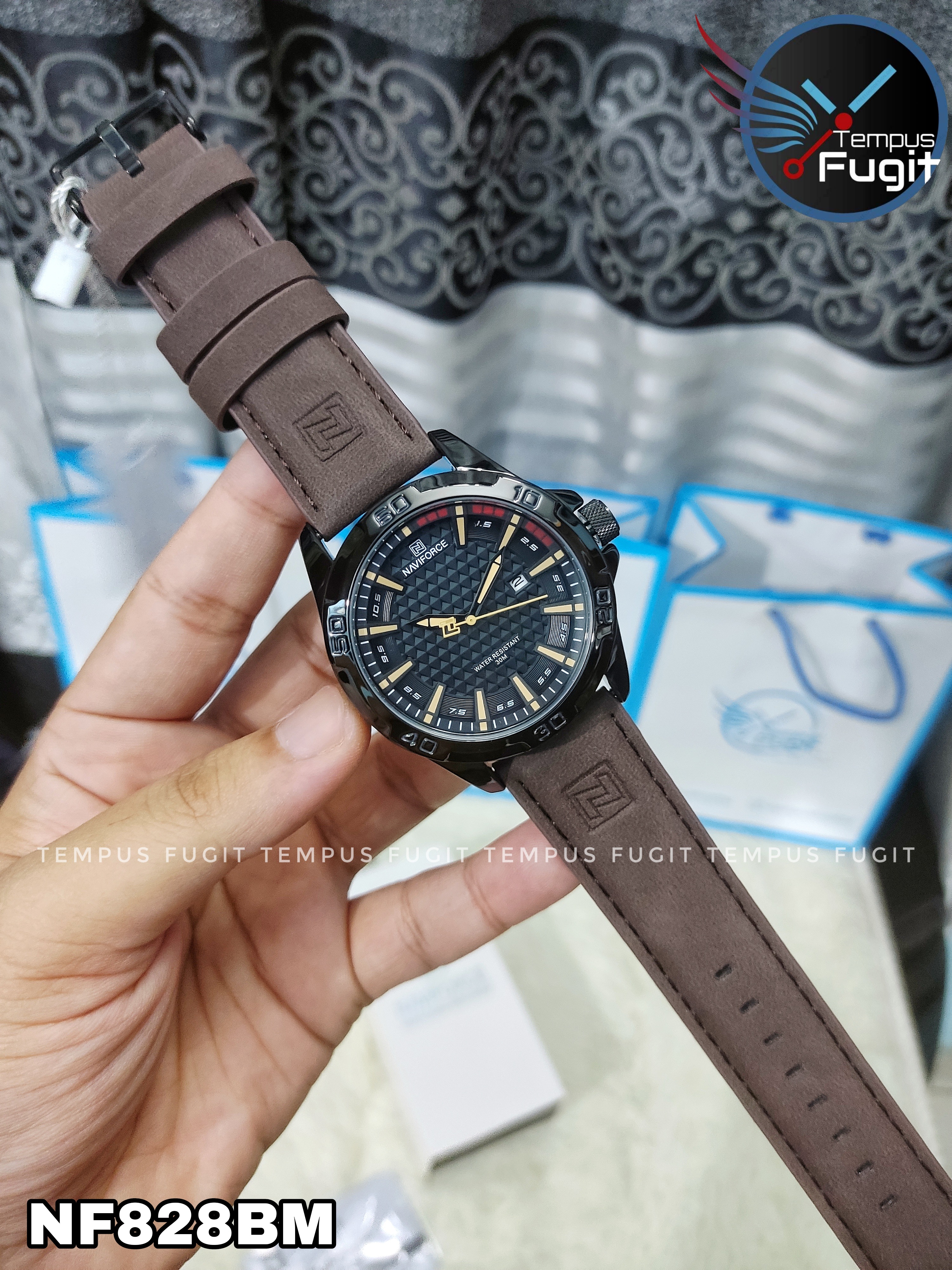 Naviforce 8023 Gents Belt Watch- Black Dial with Yellow Markings- Black Bezel- Chocolate  Belt- TF Code NF828BM_img_12