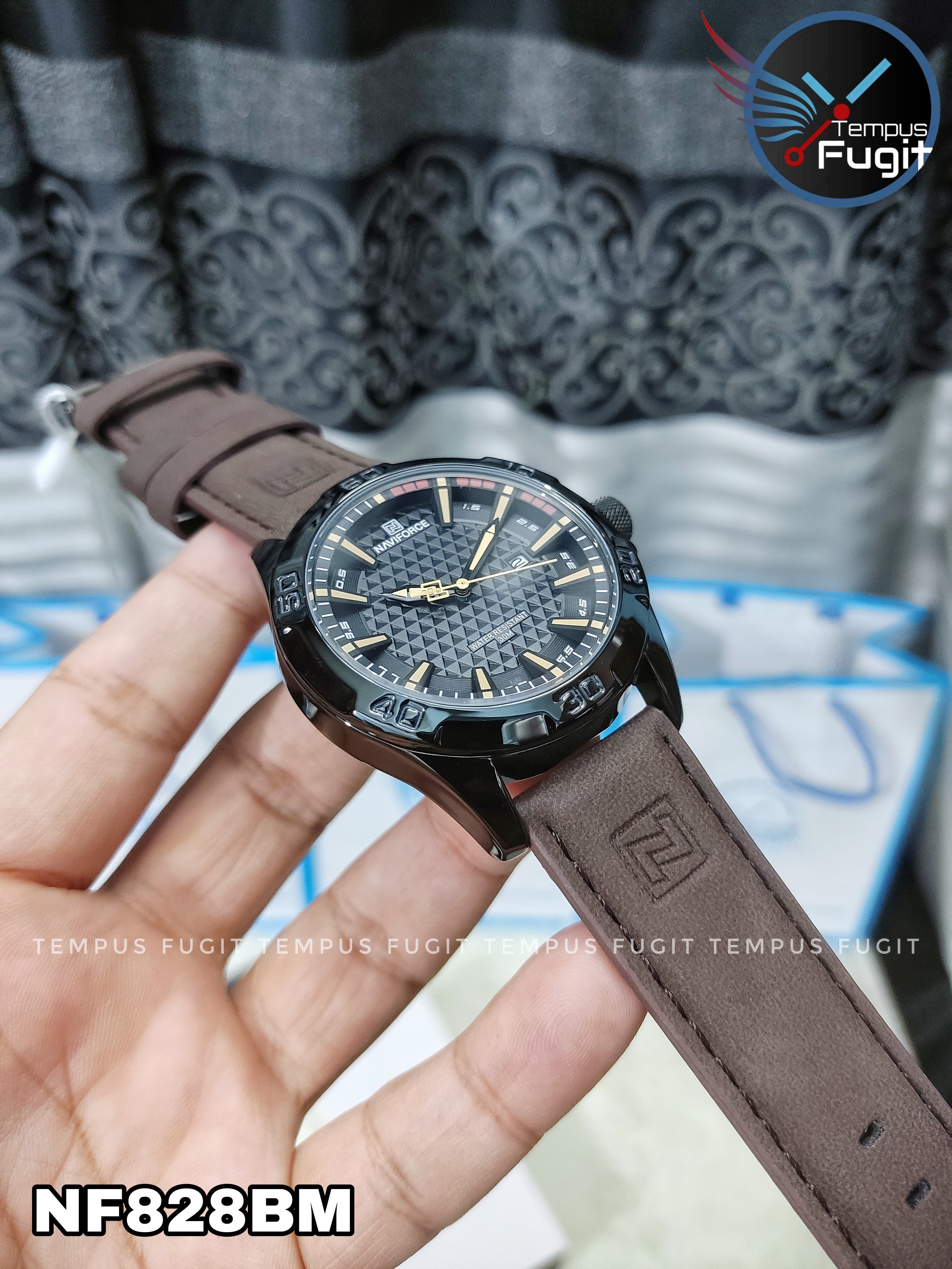 Naviforce 8023 Gents Belt Watch- Black Dial with Yellow Markings- Black Bezel- Chocolate  Belt- TF Code NF828BM_img_13