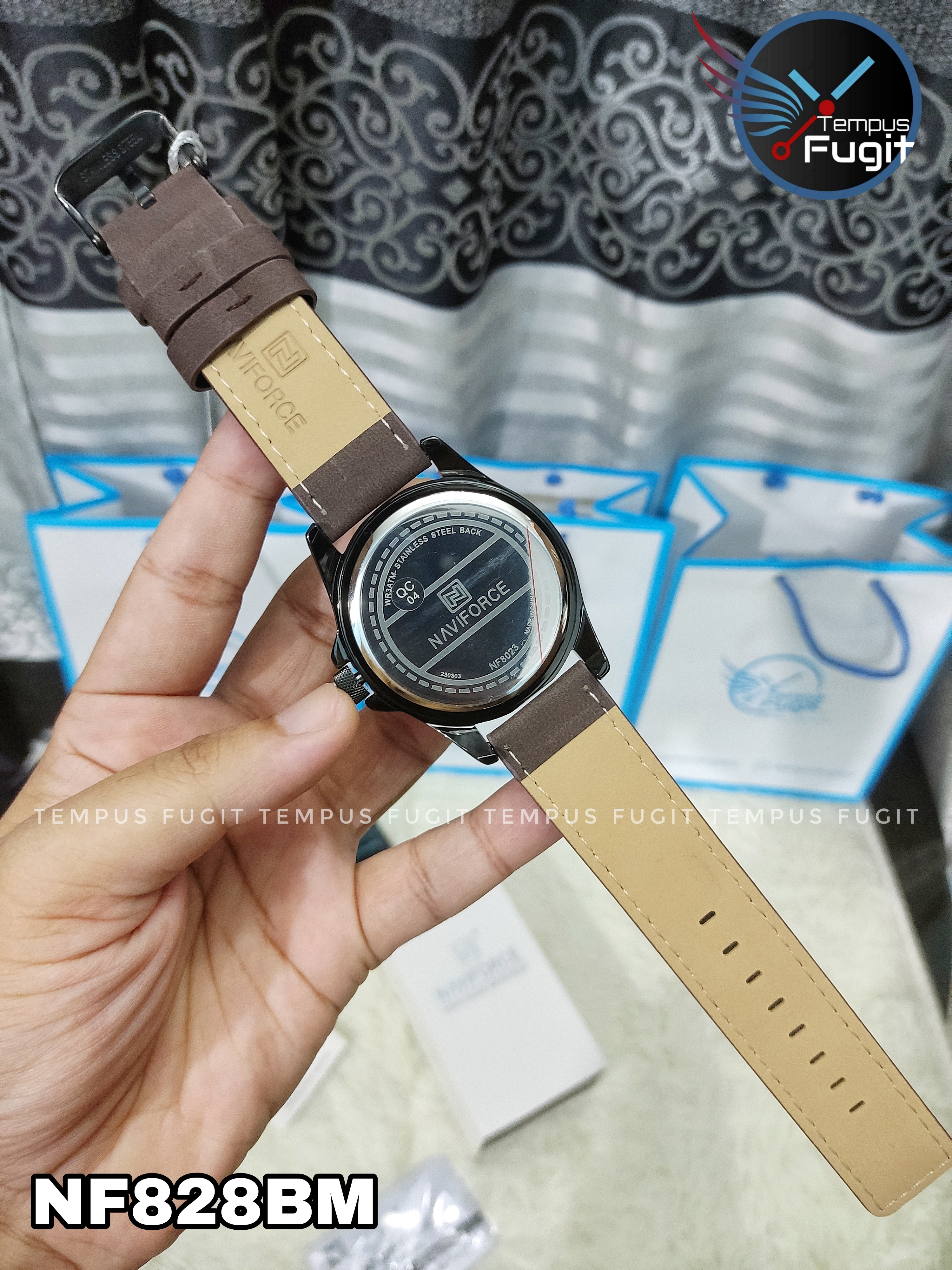 Naviforce 8023 Gents Belt Watch- Black Dial with Yellow Markings- Black Bezel- Chocolate  Belt- TF Code NF828BM_img_16