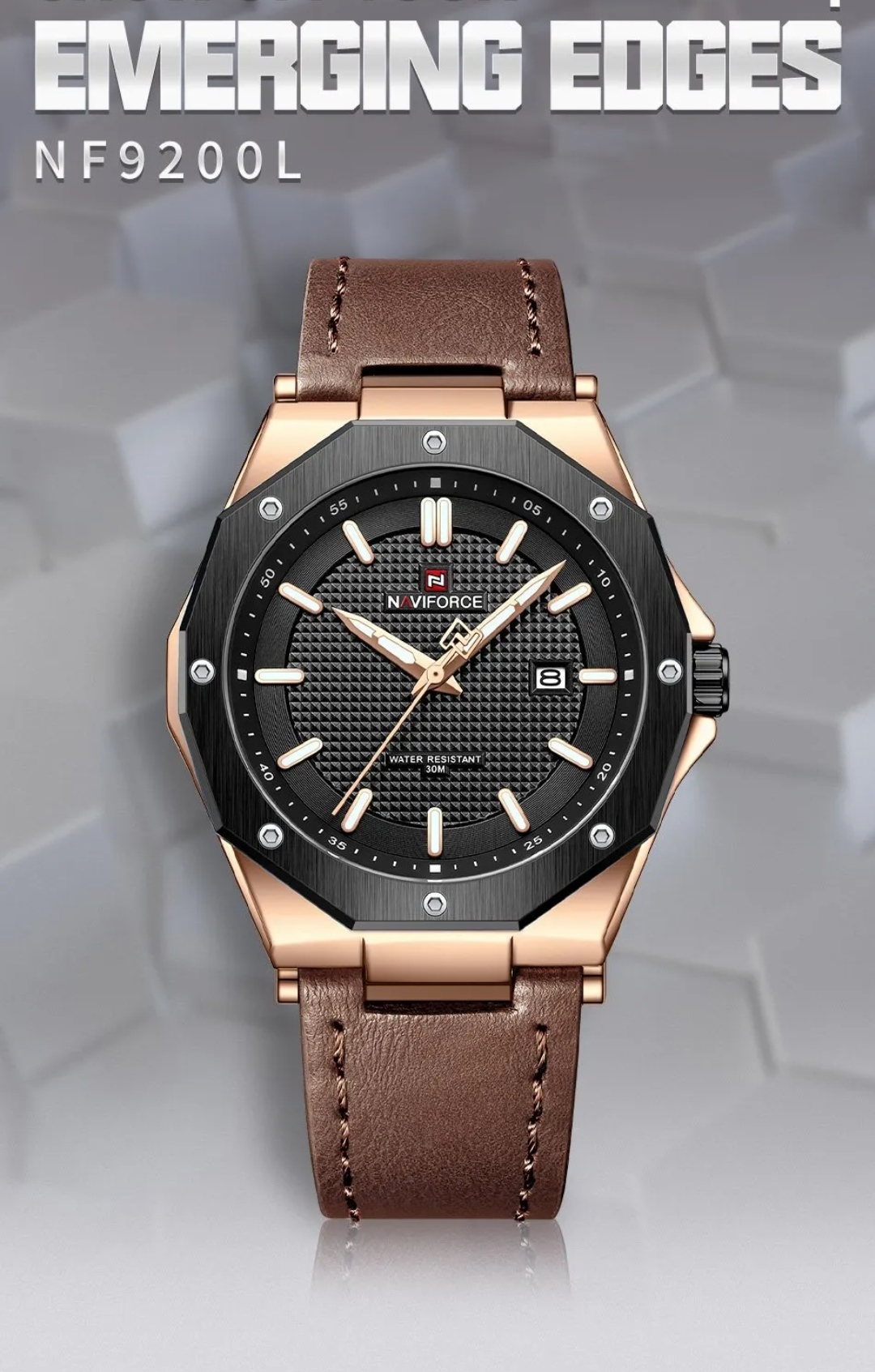 Naviforce 9200L Gents Belt Watch- Black Dial - Black+Rose Golden Bezel- Brown Belt- TF Code NF830BM_img_0