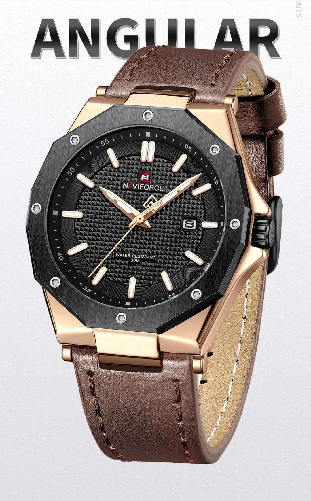 Naviforce 9200L Gents Belt Watch- Black Dial - Black+Rose Golden Bezel- Brown Belt- TF Code NF830BM_img_1