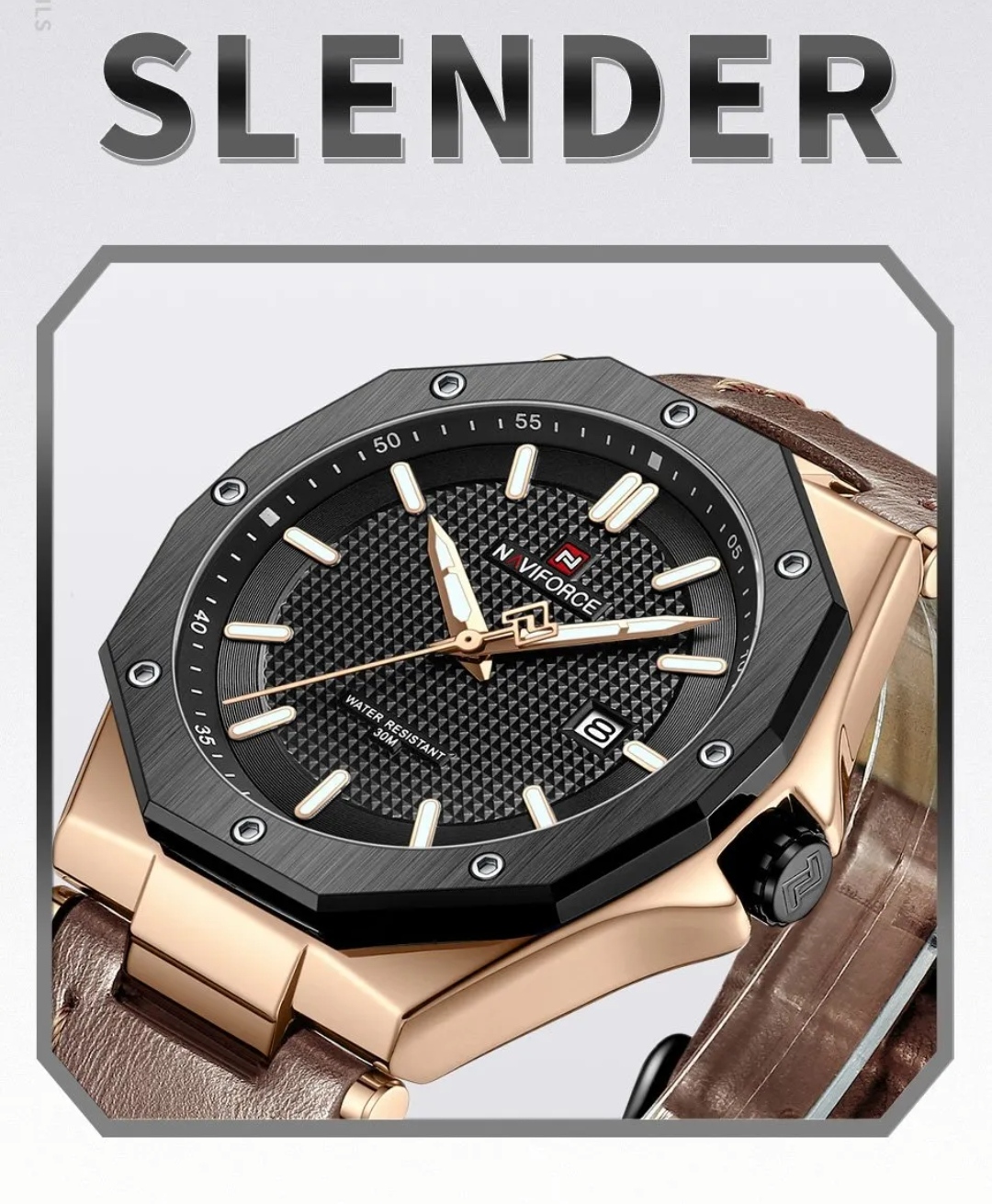 Naviforce 9200L Gents Belt Watch- Black Dial - Black+Rose Golden Bezel- Brown Belt- TF Code NF830BM_img_2