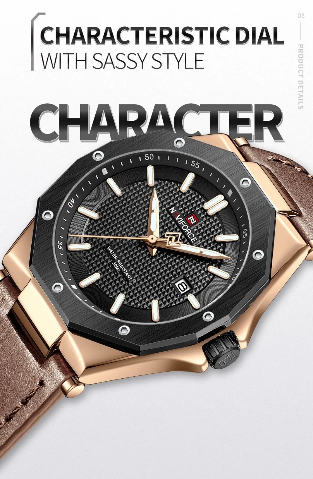 Naviforce 9200L Gents Belt Watch- Black Dial - Black+Rose Golden Bezel- Brown Belt- TF Code NF830BM_img_3