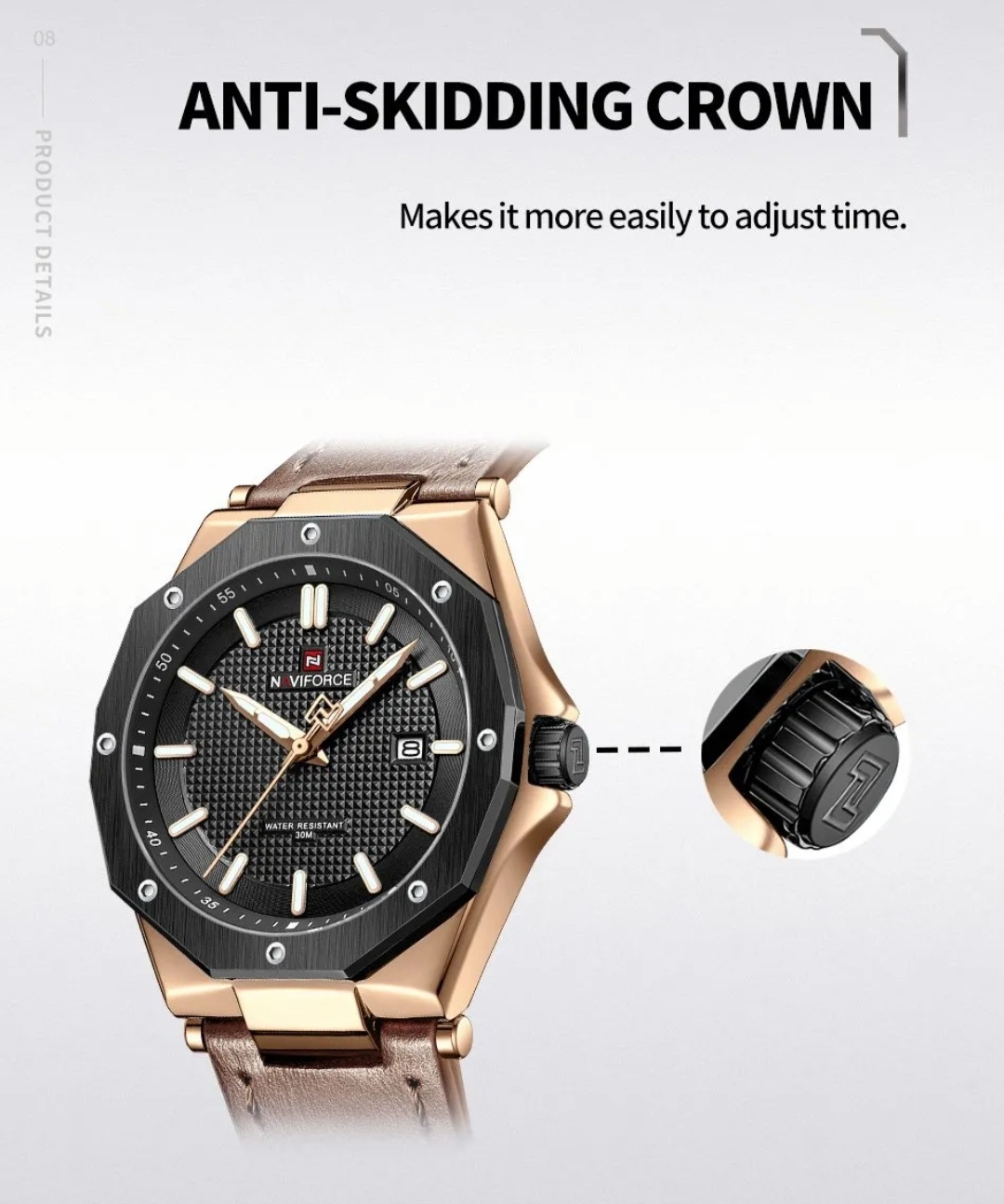 Naviforce 9200L Gents Belt Watch- Black Dial - Black+Rose Golden Bezel- Brown Belt- TF Code NF830BM_img_4