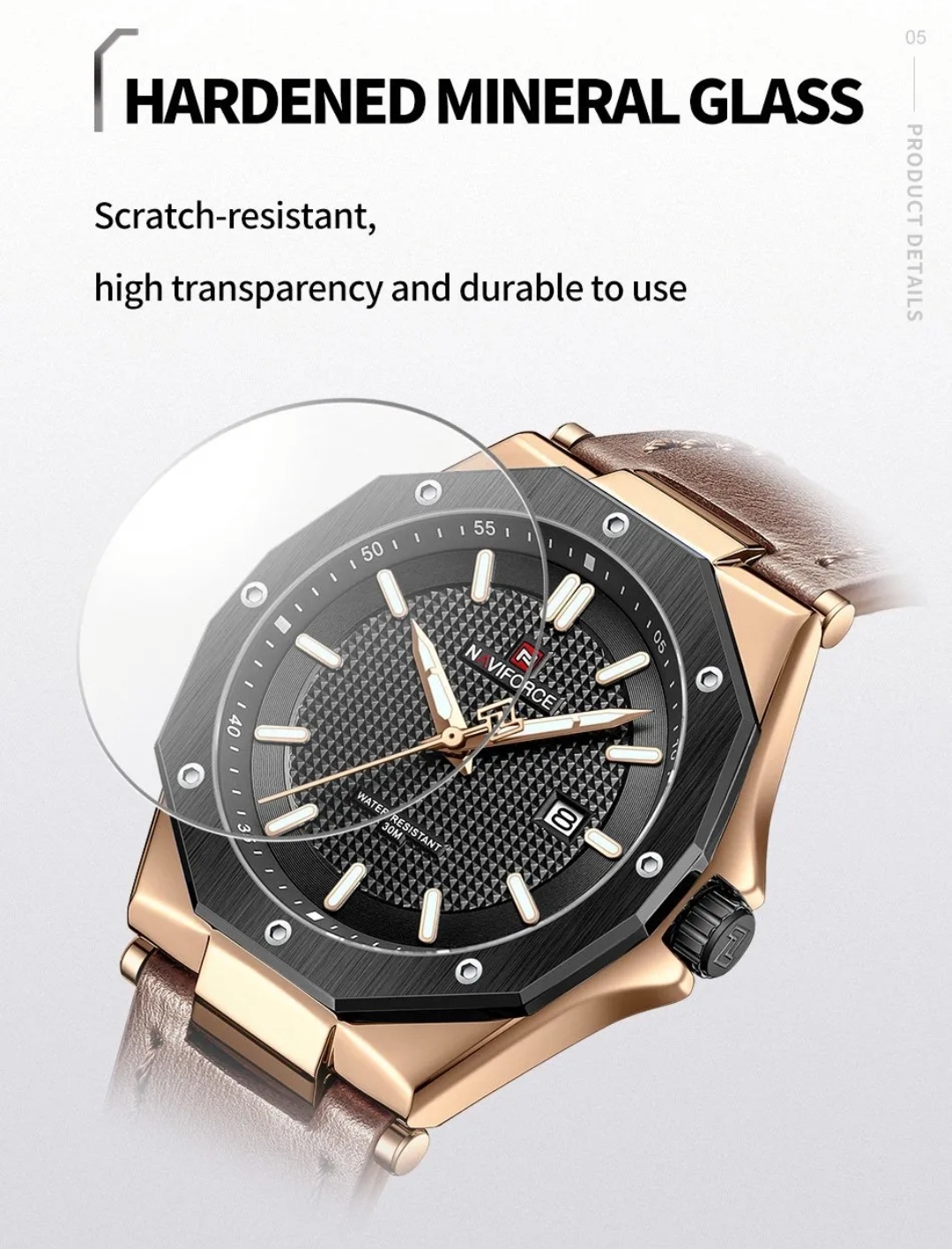 Naviforce 9200L Gents Belt Watch- Black Dial - Black+Rose Golden Bezel- Brown Belt- TF Code NF830BM_img_5