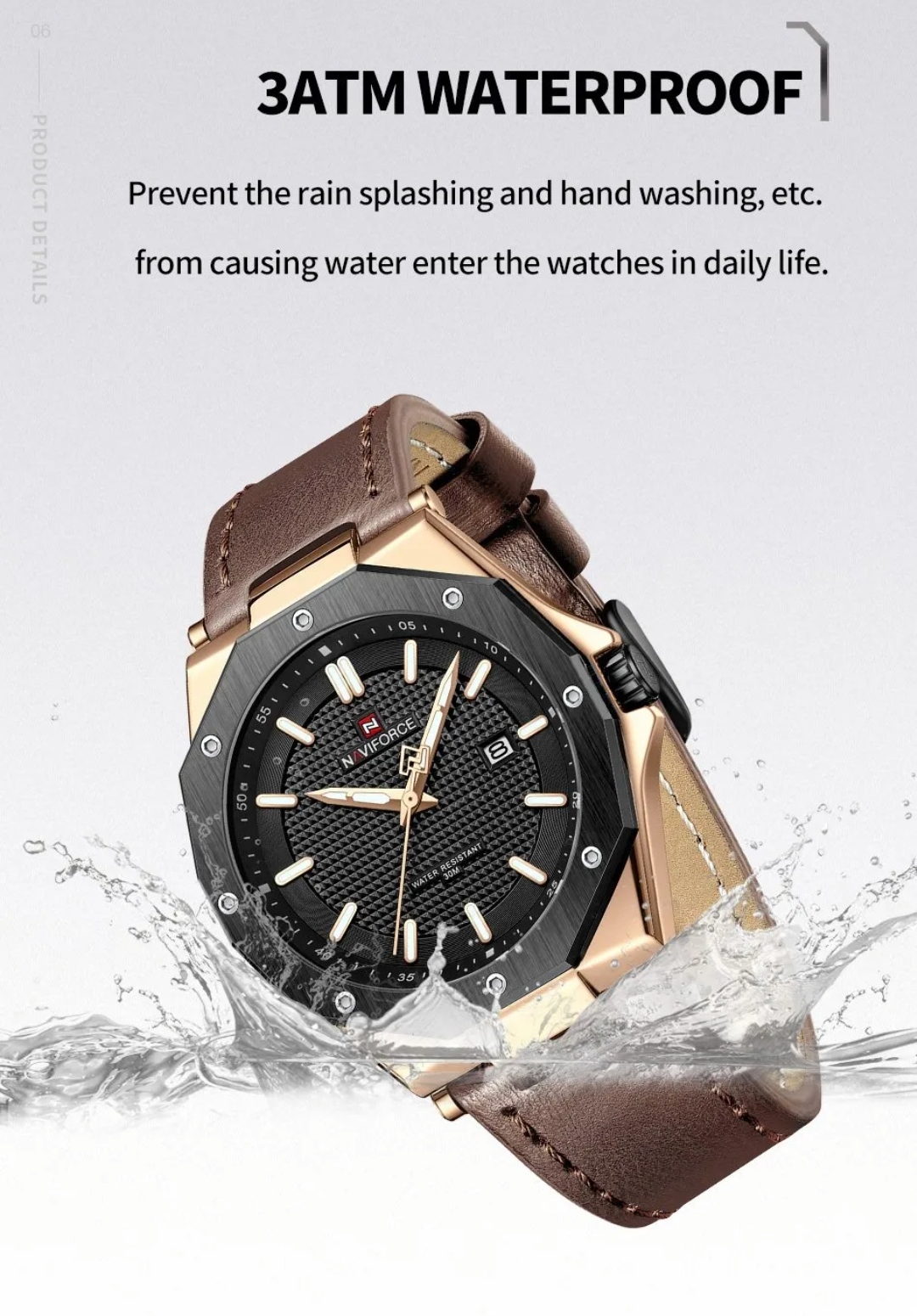 Naviforce 9200L Gents Belt Watch- Black Dial - Black+Rose Golden Bezel- Brown Belt- TF Code NF830BM_img_6