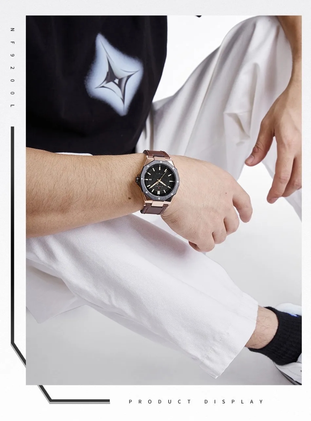 Naviforce 9200L Gents Belt Watch- Black Dial - Black+Rose Golden Bezel- Brown Belt- TF Code NF830BM_img_9