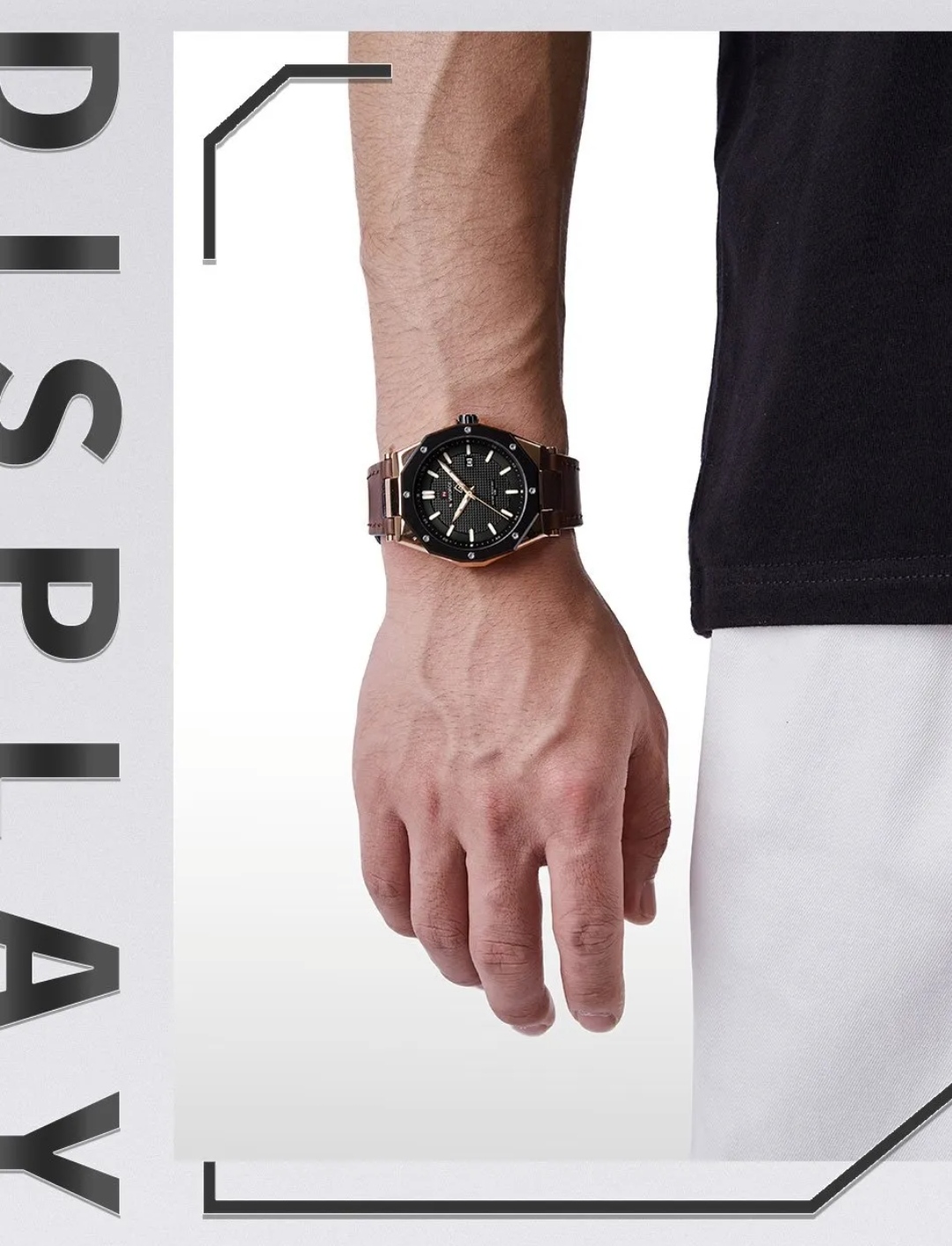 Naviforce 9200L Gents Belt Watch- Black Dial - Black+Rose Golden Bezel- Brown Belt- TF Code NF830BM_img_10