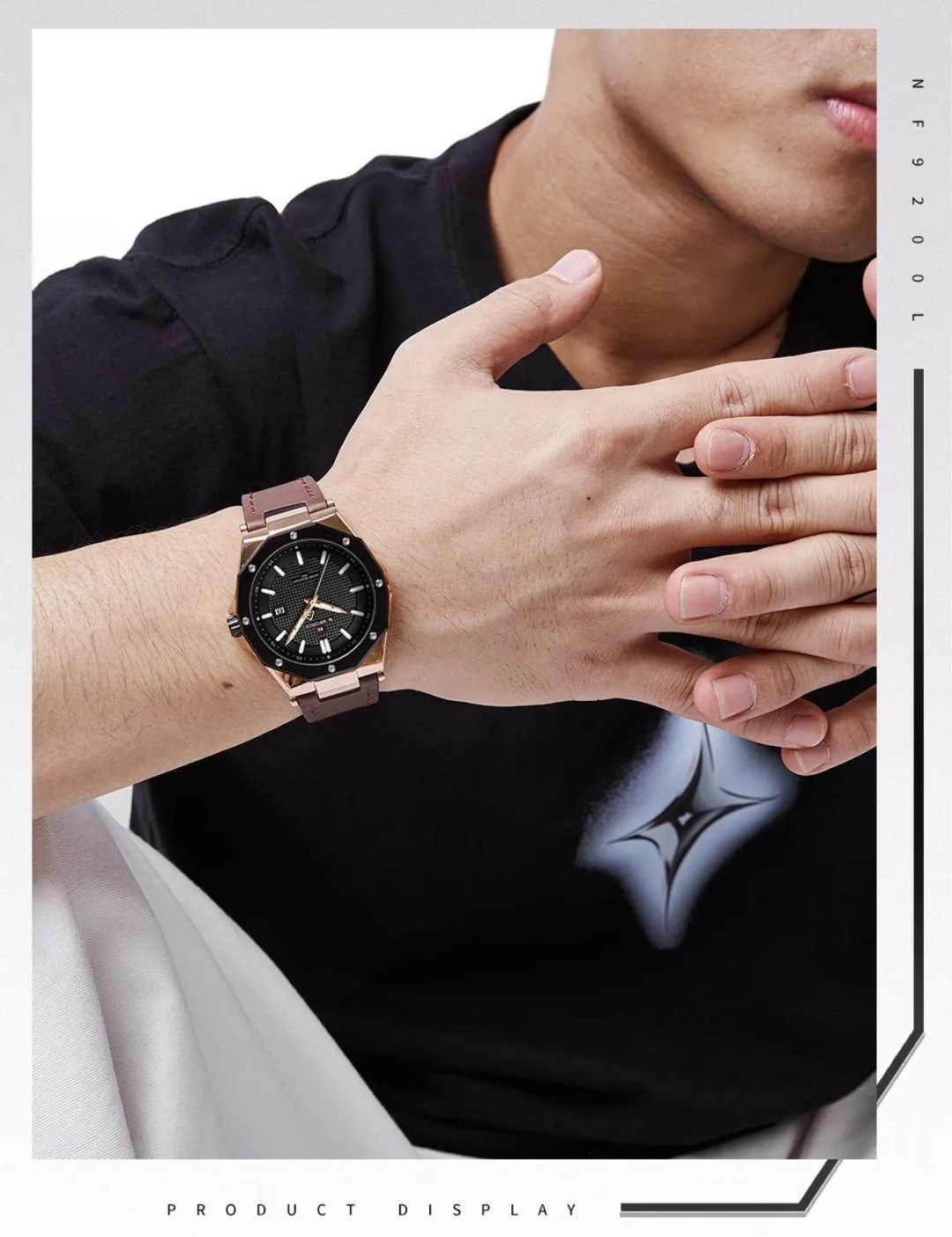 Naviforce 9200L Gents Belt Watch- Black Dial - Black+Rose Golden Bezel- Brown Belt- TF Code NF830BM_img_11