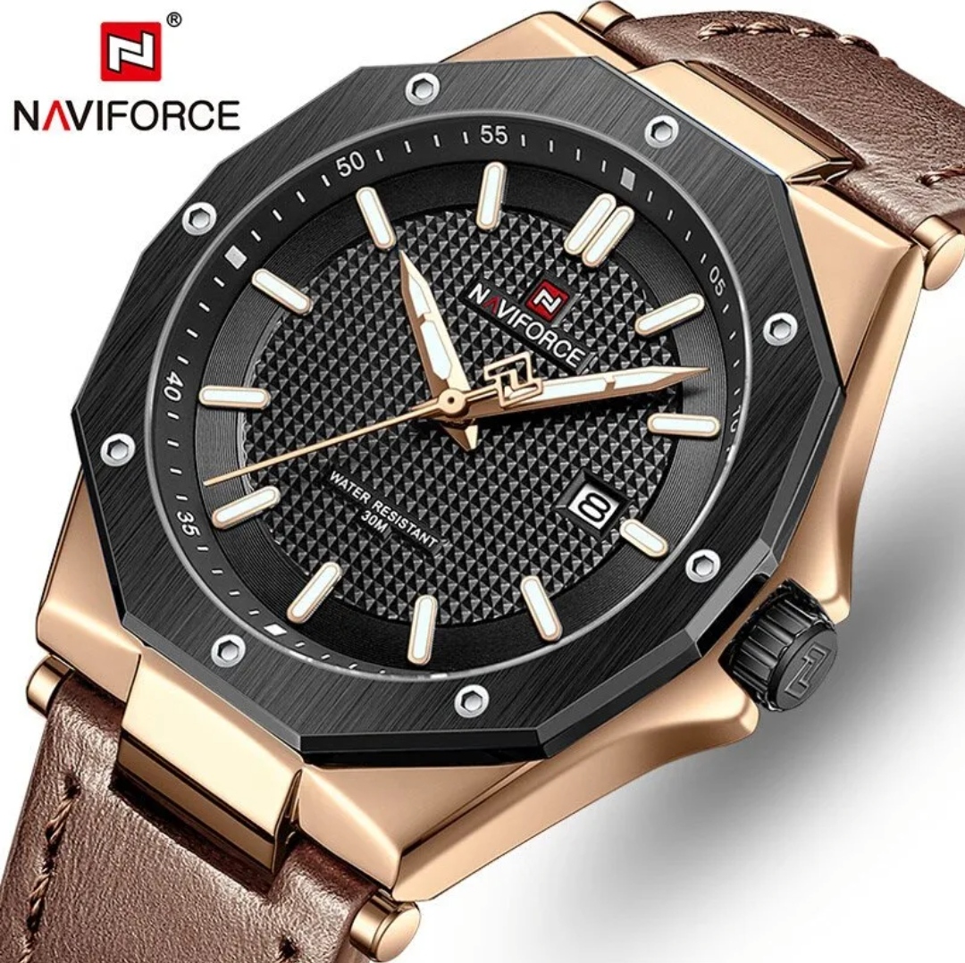 Naviforce 9200L Gents Belt Watch- Black Dial - Black+Rose Golden Bezel- Brown Belt- TF Code NF830BM_img_12