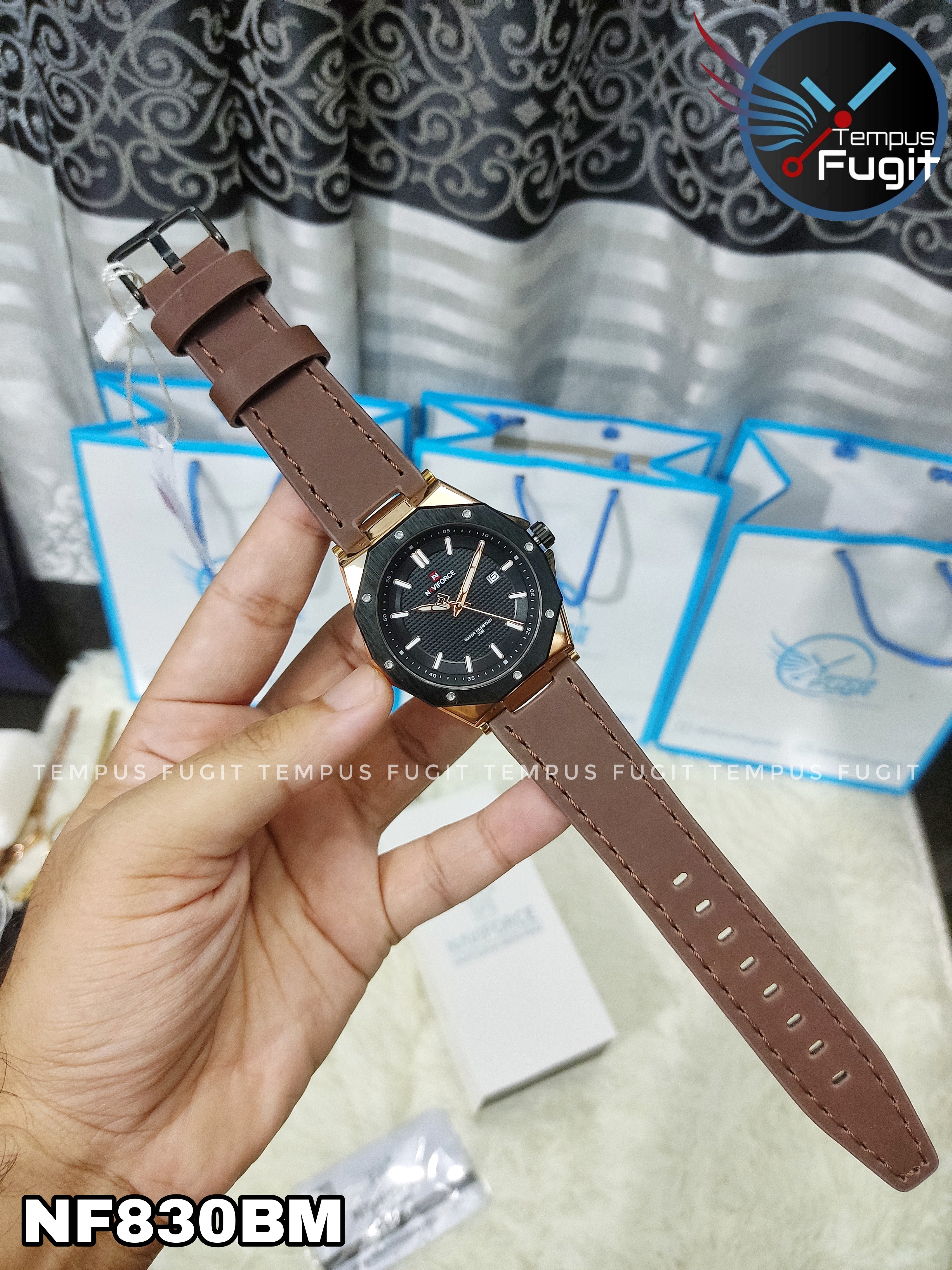 Naviforce 9200L Gents Belt Watch- Black Dial - Black+Rose Golden Bezel- Brown Belt- TF Code NF830BM_img_13