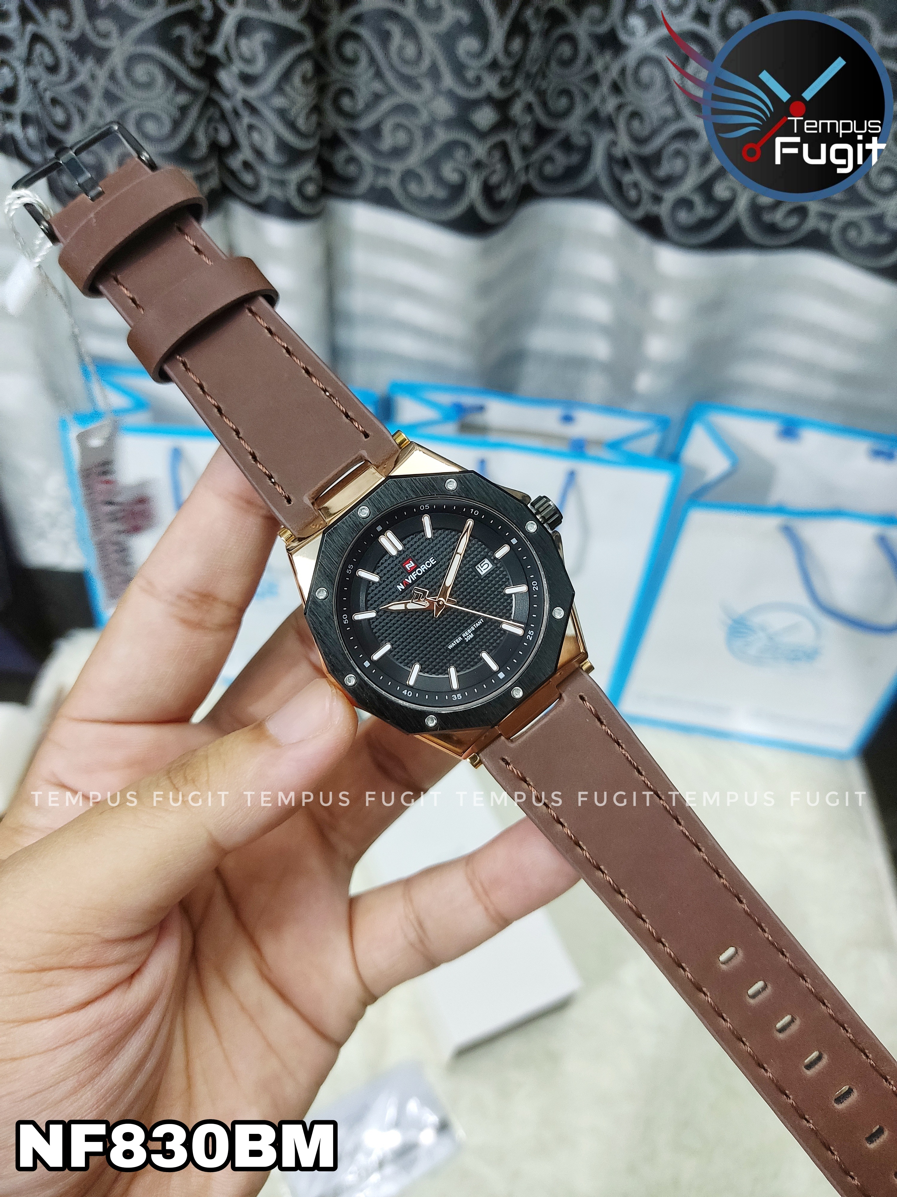 Naviforce 9200L Gents Belt Watch- Black Dial - Black+Rose Golden Bezel- Brown Belt- TF Code NF830BM_img_14