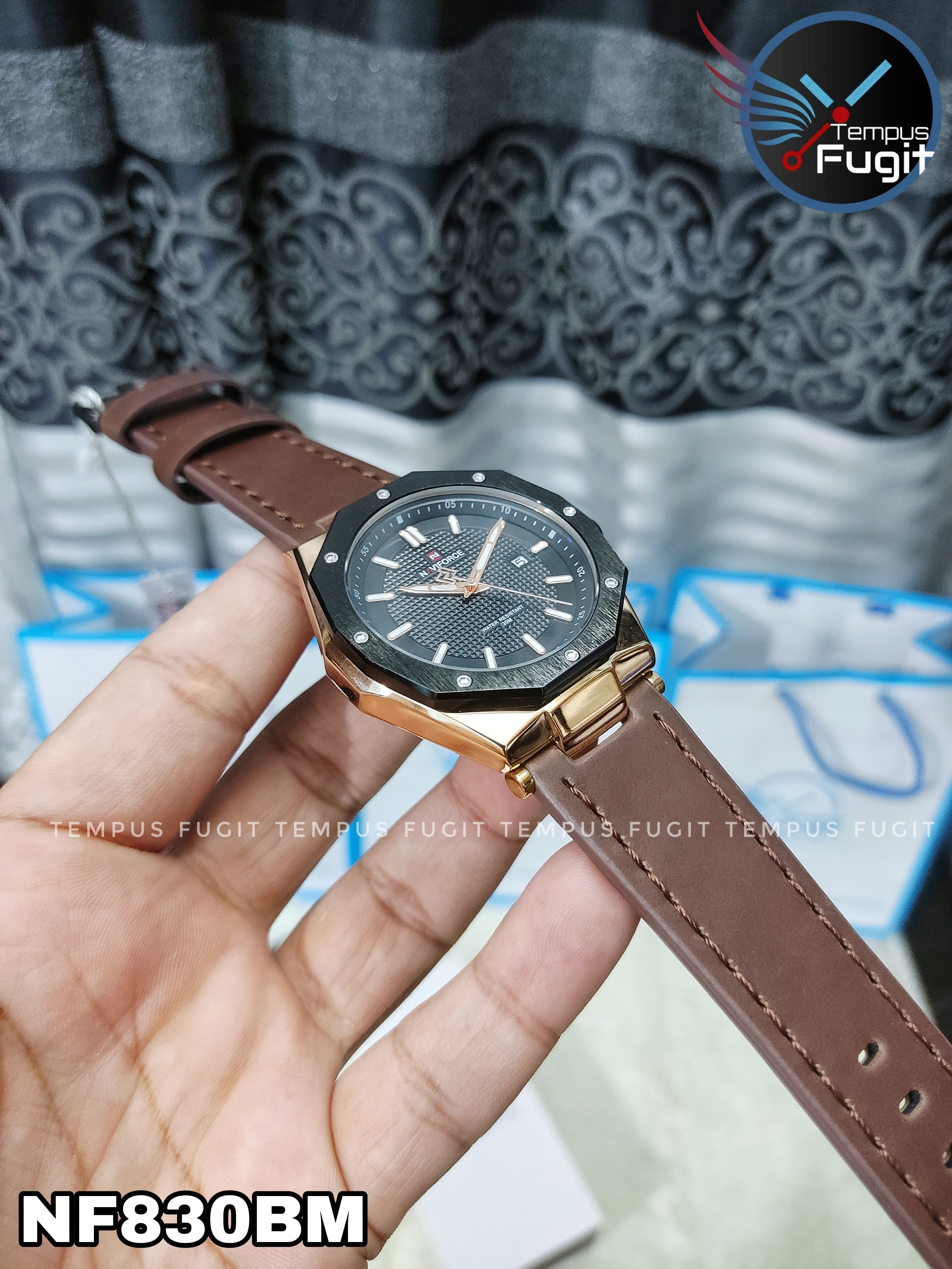 Naviforce 9200L Gents Belt Watch- Black Dial - Black+Rose Golden Bezel- Brown Belt- TF Code NF830BM_img_15