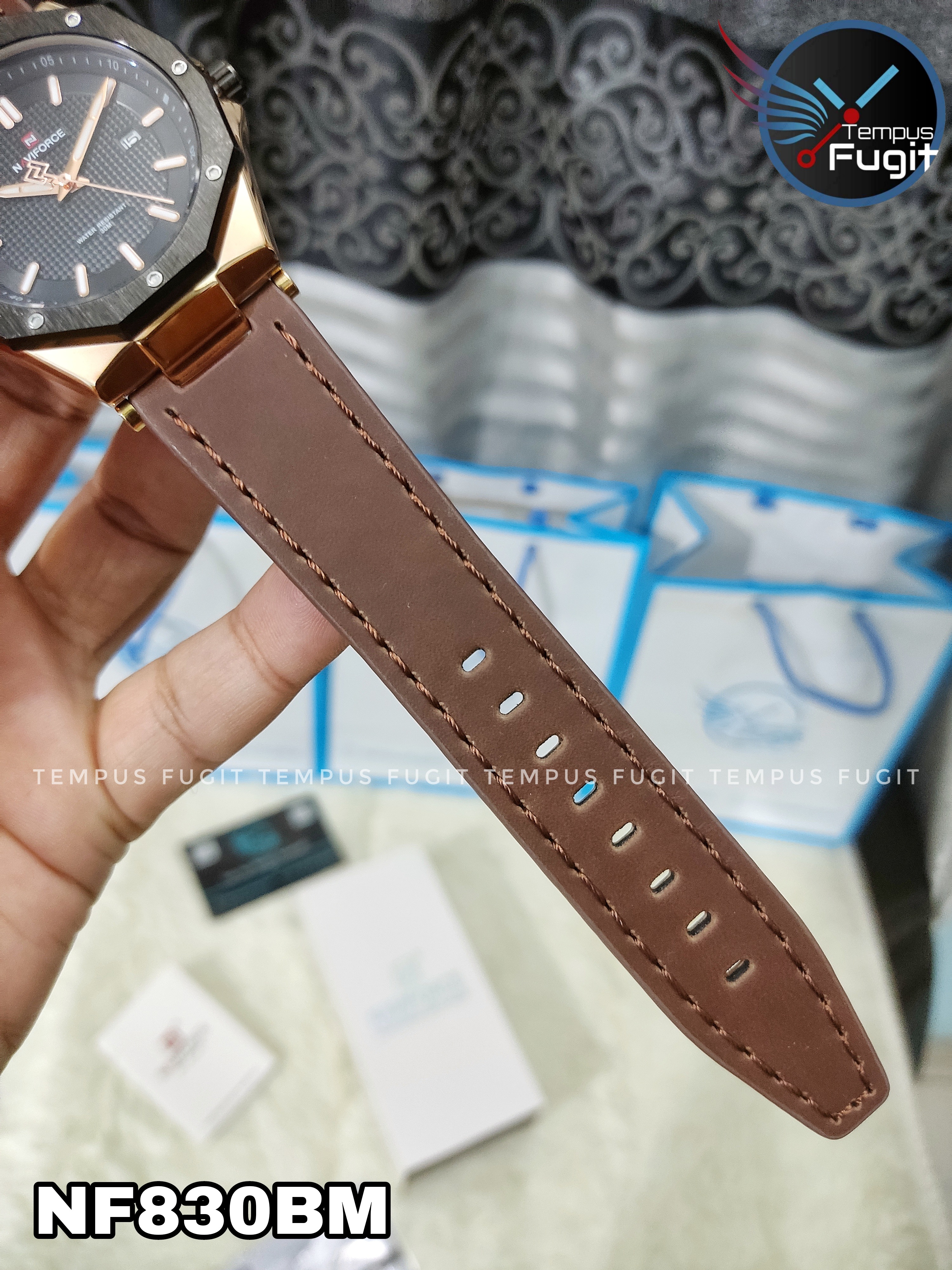 Naviforce 9200L Gents Belt Watch- Black Dial - Black+Rose Golden Bezel- Brown Belt- TF Code NF830BM_img_16