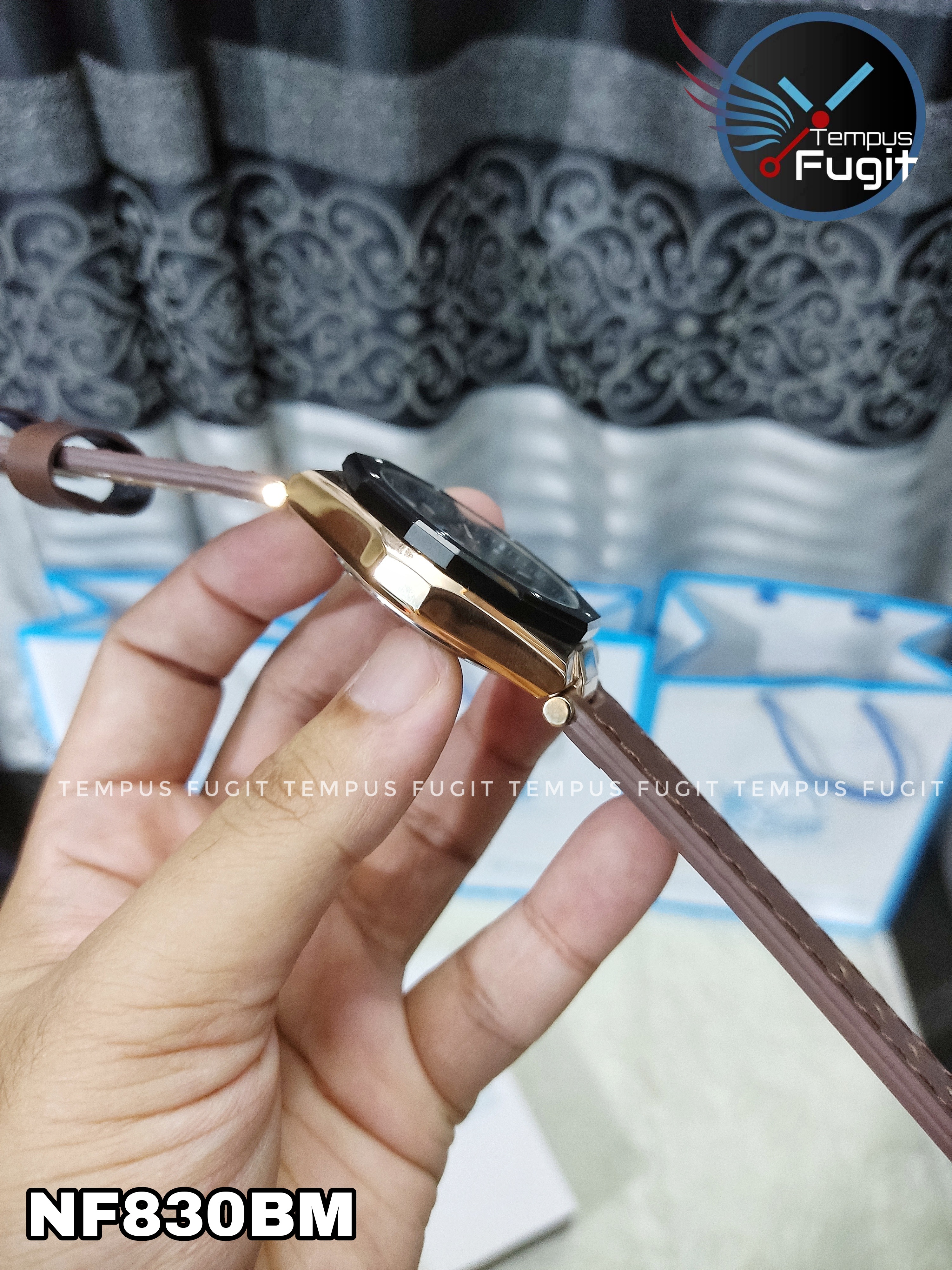 Naviforce 9200L Gents Belt Watch- Black Dial - Black+Rose Golden Bezel- Brown Belt- TF Code NF830BM_img_17