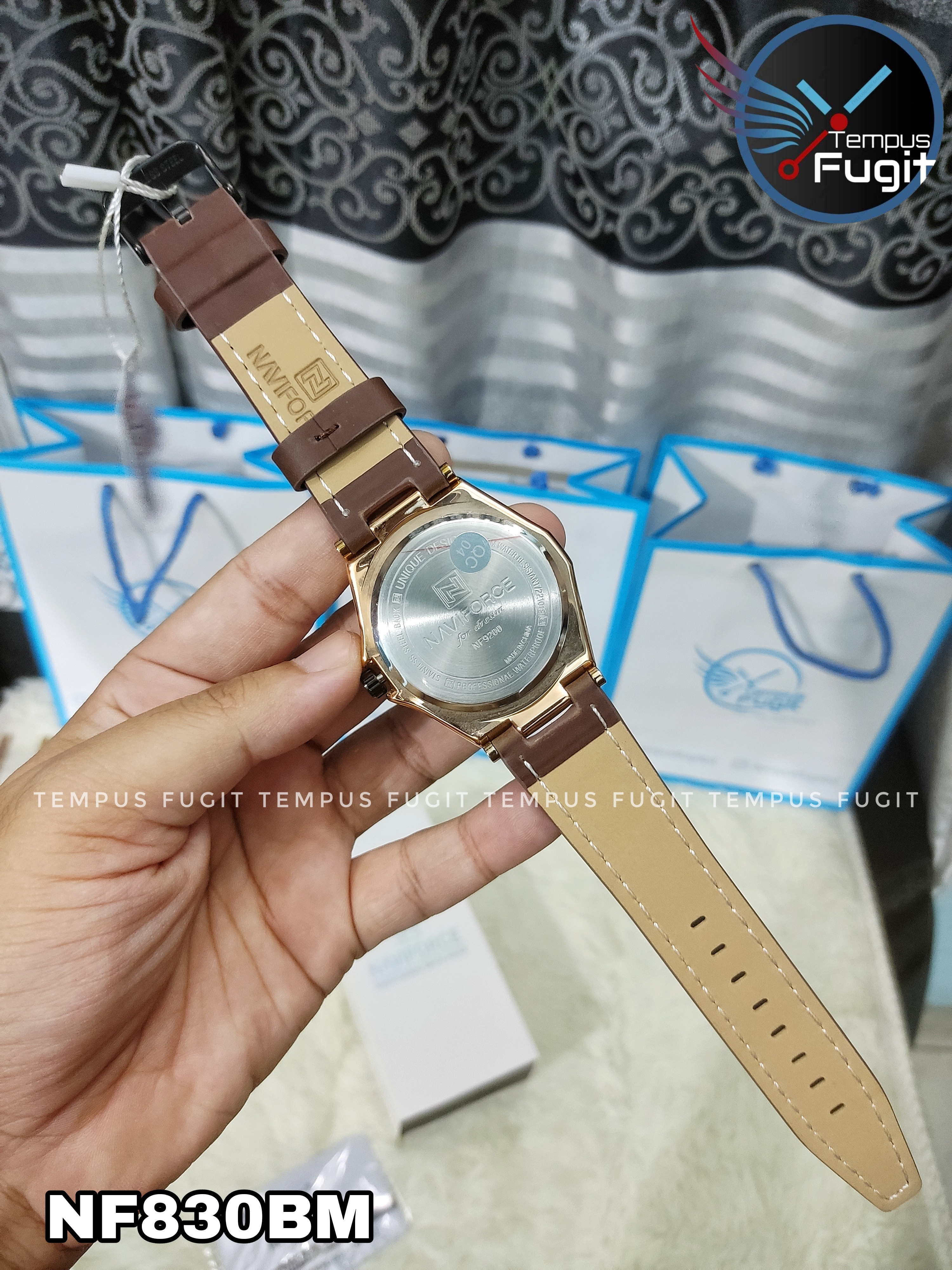 Naviforce 9200L Gents Belt Watch- Black Dial - Black+Rose Golden Bezel- Brown Belt- TF Code NF830BM_img_18