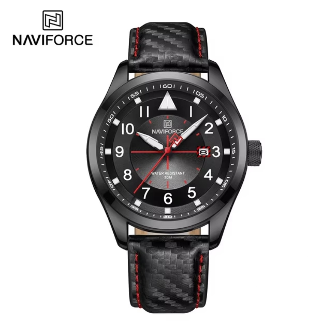 Naviforce 8022 Gents Belt Watch- Black Dial with White Markings- Black Bezel- Black Belt- TF Code NF829BM_img_0
