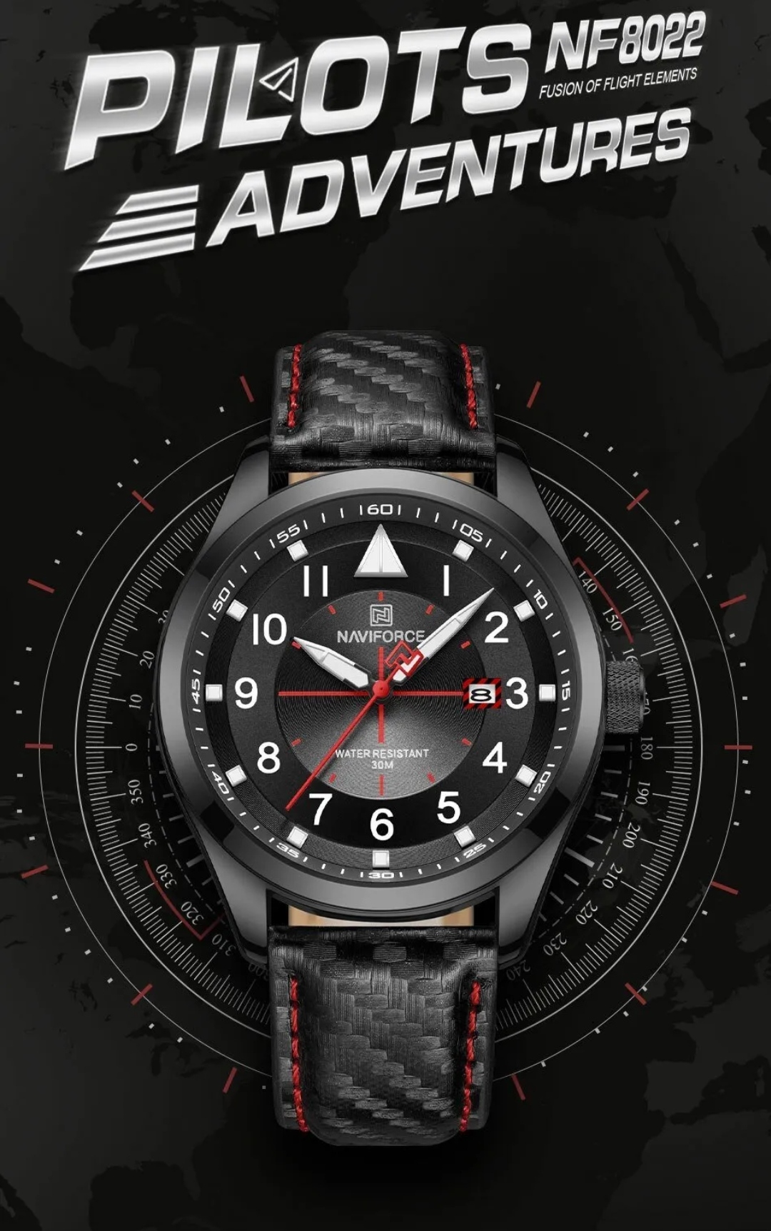 Naviforce 8022 Gents Belt Watch- Black Dial with White Markings- Black Bezel- Black Belt- TF Code NF829BM_img_1