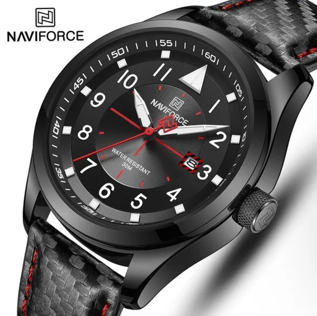 Naviforce 8022 Gents Belt Watch- Black Dial with White Markings- Black Bezel- Black Belt- TF Code NF829BM_img_3