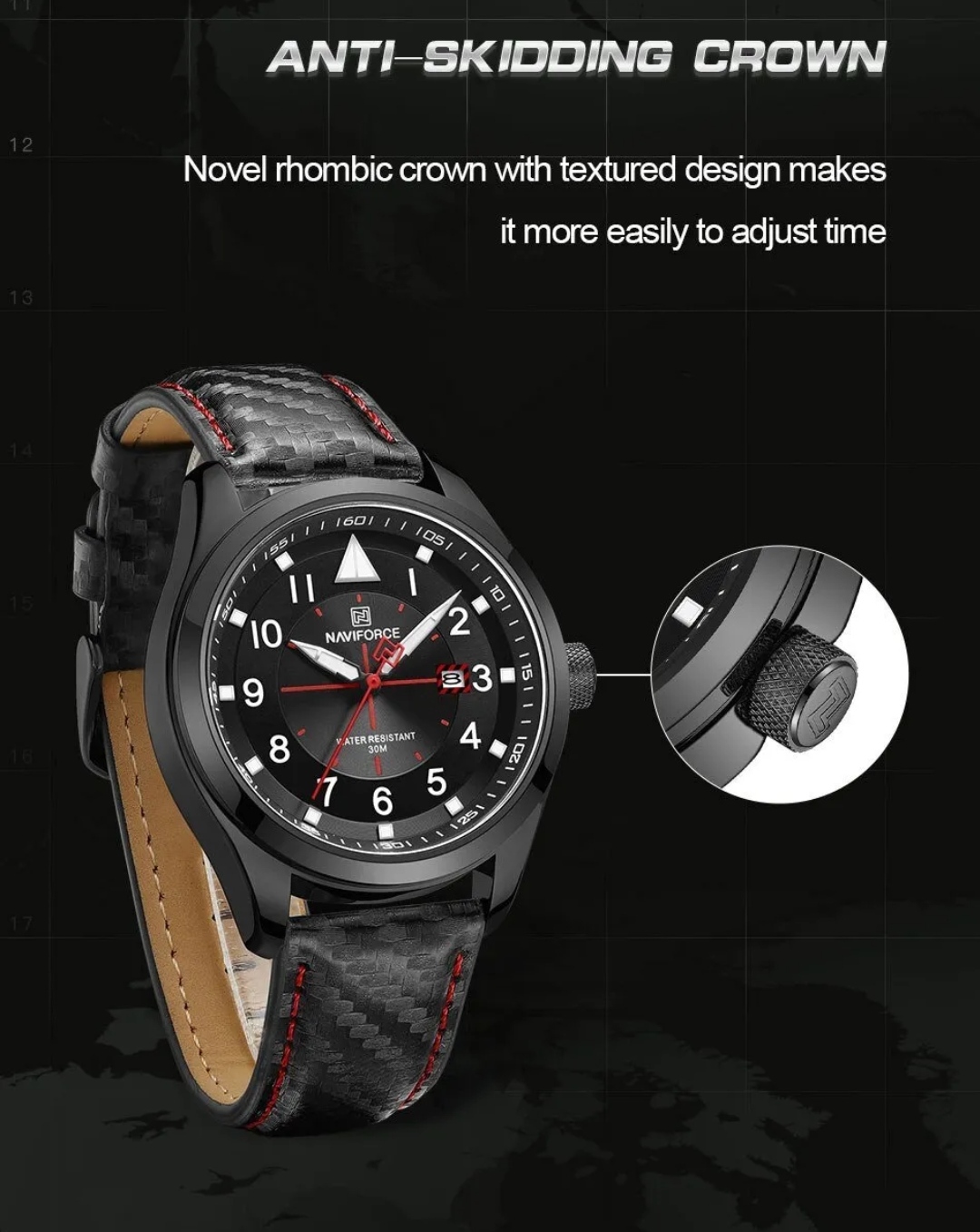 Naviforce 8022 Gents Belt Watch- Black Dial with White Markings- Black Bezel- Black Belt- TF Code NF829BM_img_7