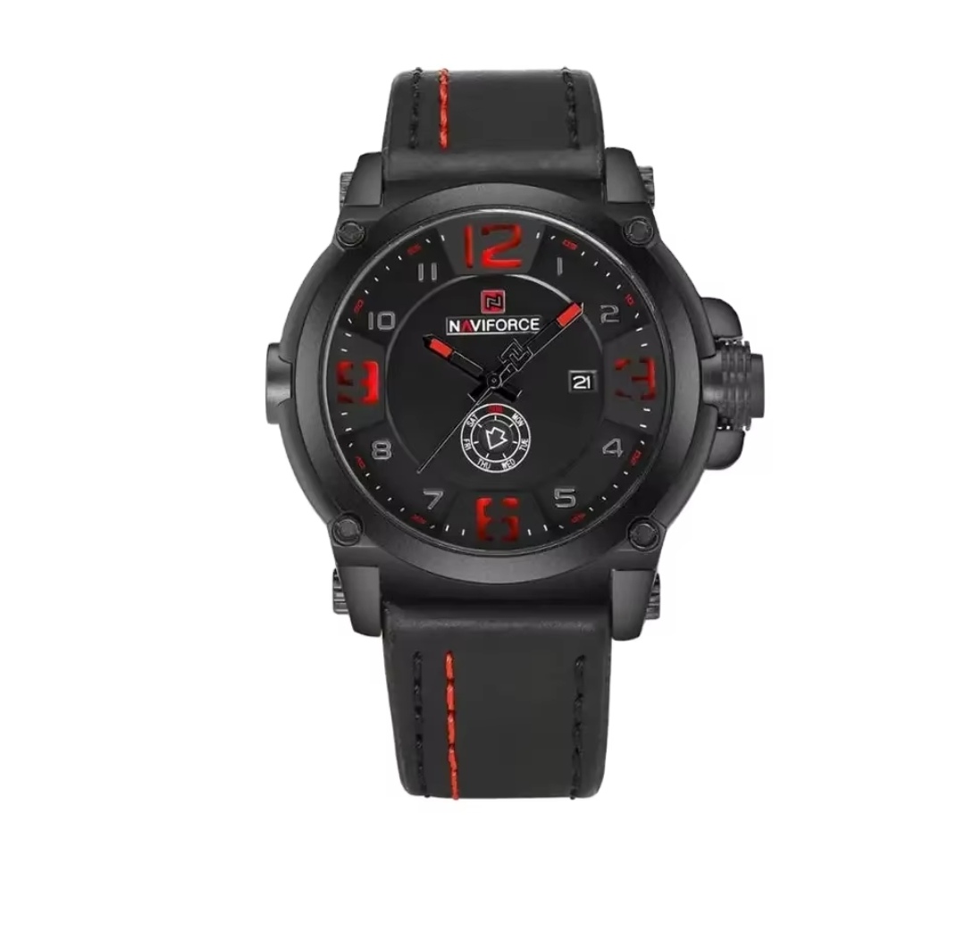 Naviforce 9099 Gents Belt Watch- Black Dial with Red Markings- Black Bezel- Black Belt (Red Stitch)- TF Code NF405BM_img_0