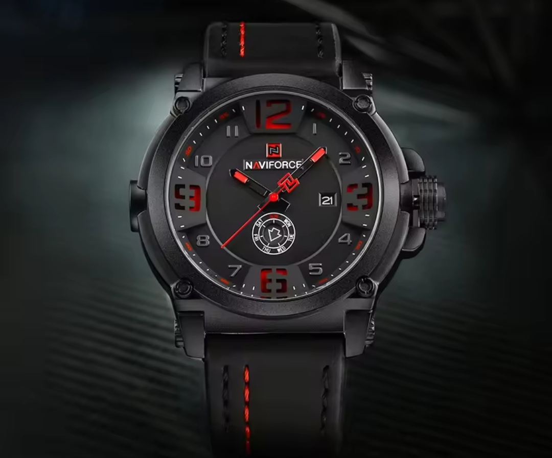 Naviforce 9099 Gents Belt Watch- Black Dial with Red Markings- Black Bezel- Black Belt (Red Stitch)- TF Code NF405BM_img_1