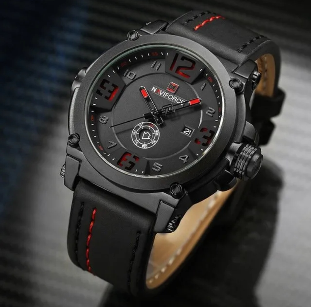 Naviforce 9099 Gents Belt Watch- Black Dial with Red Markings- Black Bezel- Black Belt (Red Stitch)- TF Code NF405BM_img_2