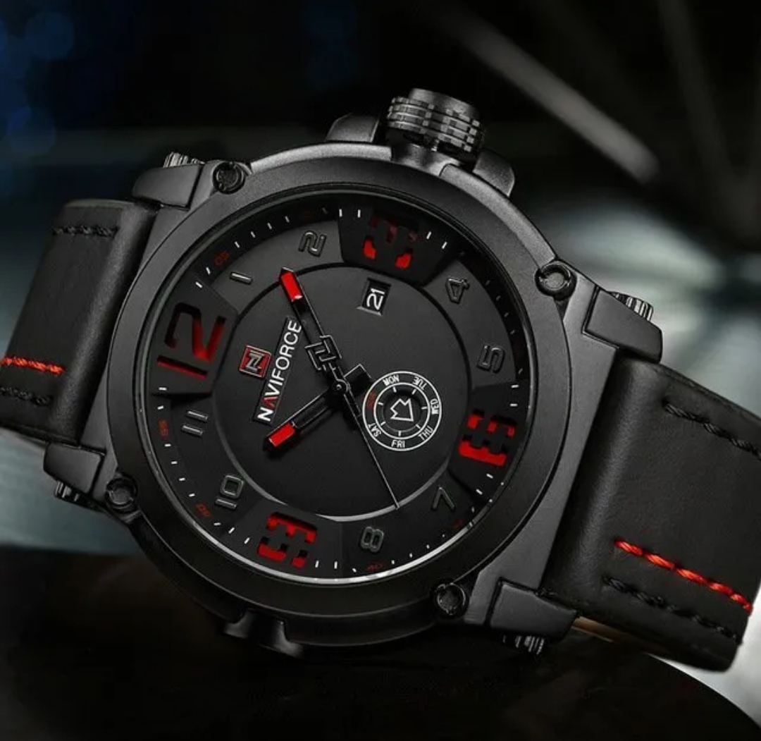 Naviforce 9099 Gents Belt Watch- Black Dial with Red Markings- Black Bezel- Black Belt (Red Stitch)- TF Code NF405BM_img_3