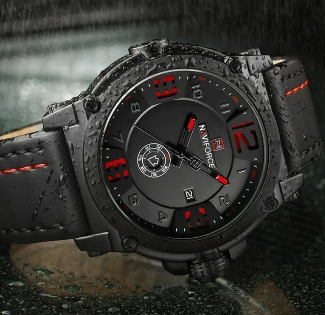 Naviforce 9099 Gents Belt Watch- Black Dial with Red Markings- Black Bezel- Black Belt (Red Stitch)- TF Code NF405BM_img_4