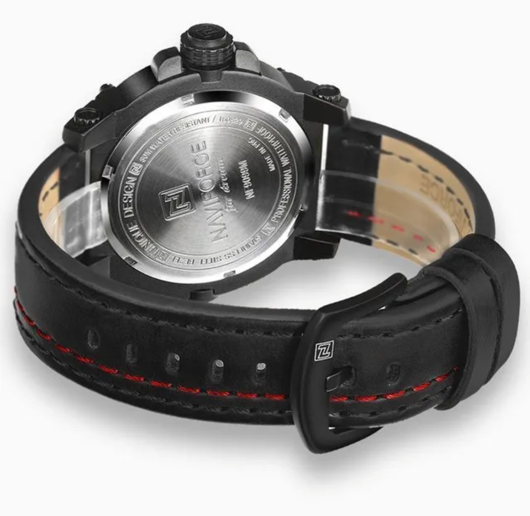 Naviforce 9099 Gents Belt Watch- Black Dial with Red Markings- Black Bezel- Black Belt (Red Stitch)- TF Code NF405BM_img_5