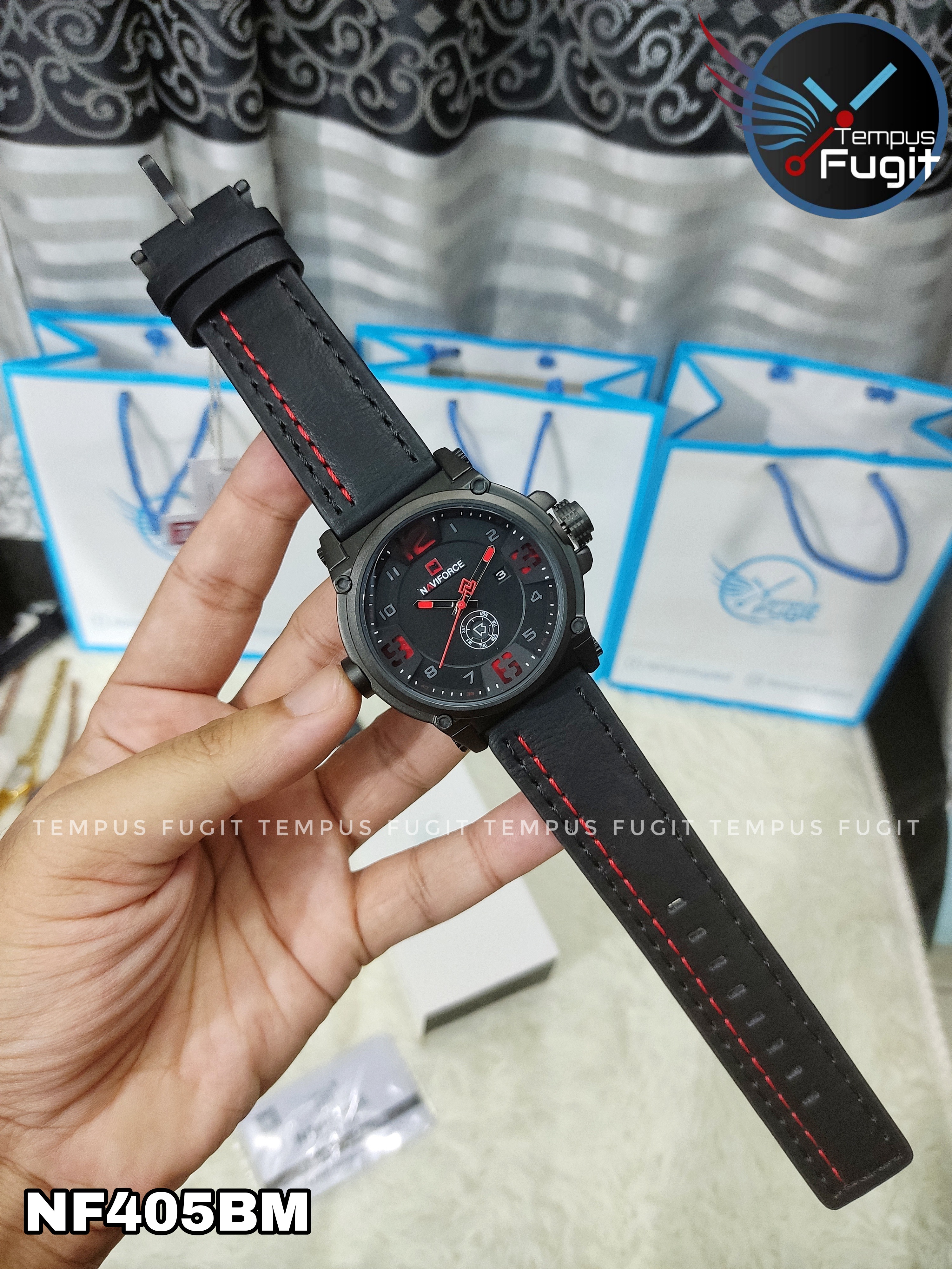 Naviforce 9099 Gents Belt Watch- Black Dial with Red Markings- Black Bezel- Black Belt (Red Stitch)- TF Code NF405BM_img_6