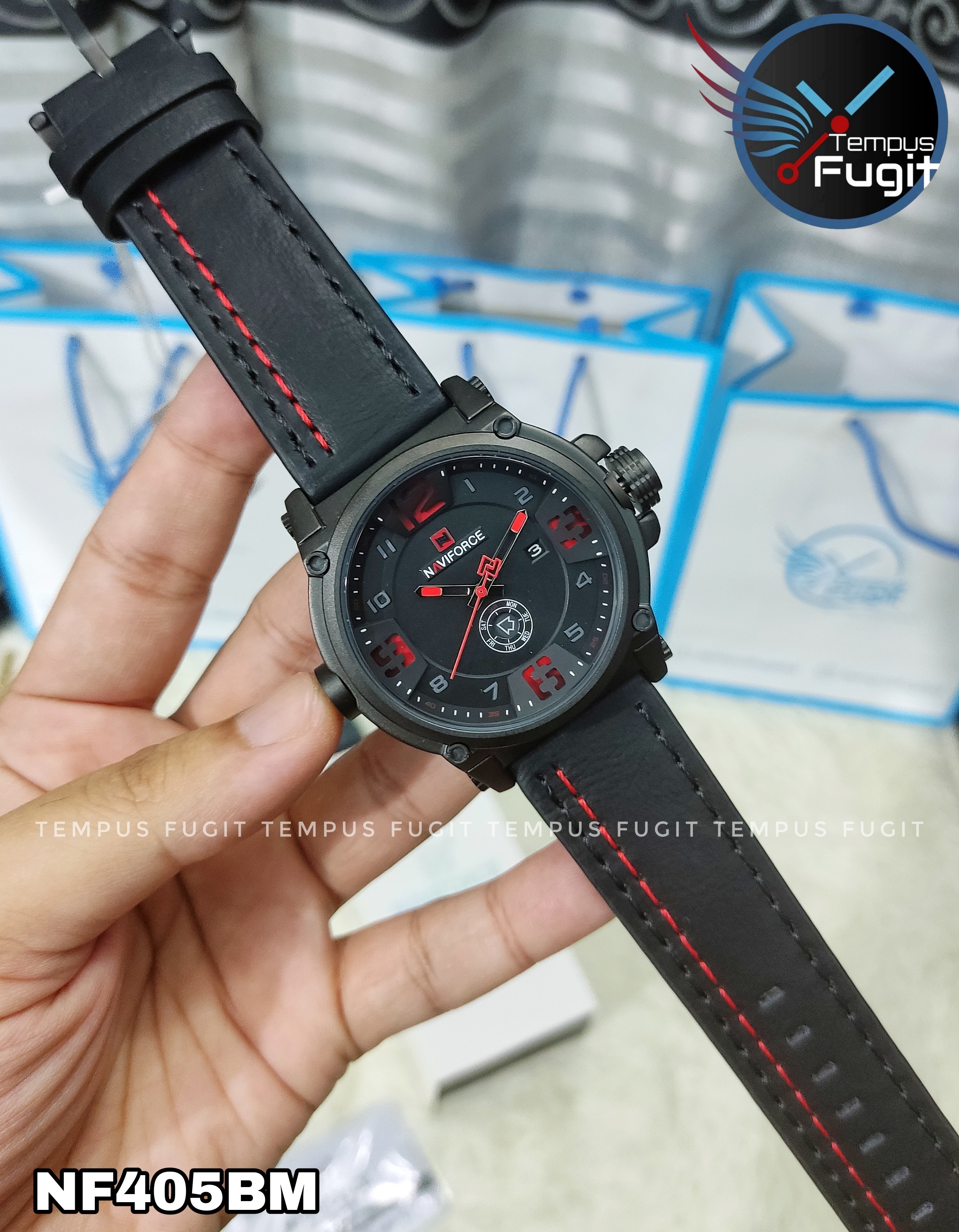 Naviforce 9099 Gents Belt Watch- Black Dial with Red Markings- Black Bezel- Black Belt (Red Stitch)- TF Code NF405BM_img_7