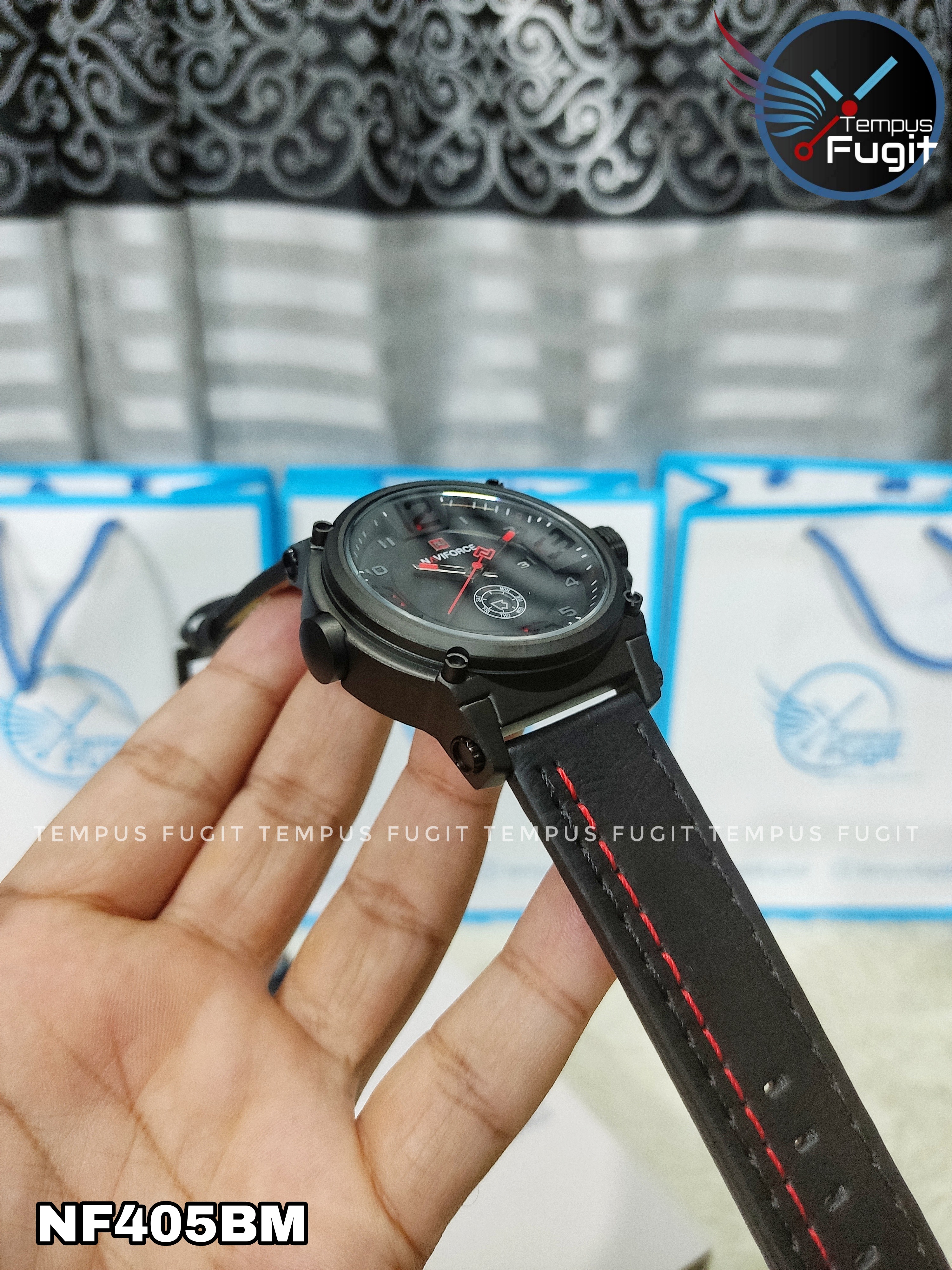 Naviforce 9099 Gents Belt Watch- Black Dial with Red Markings- Black Bezel- Black Belt (Red Stitch)- TF Code NF405BM_img_8
