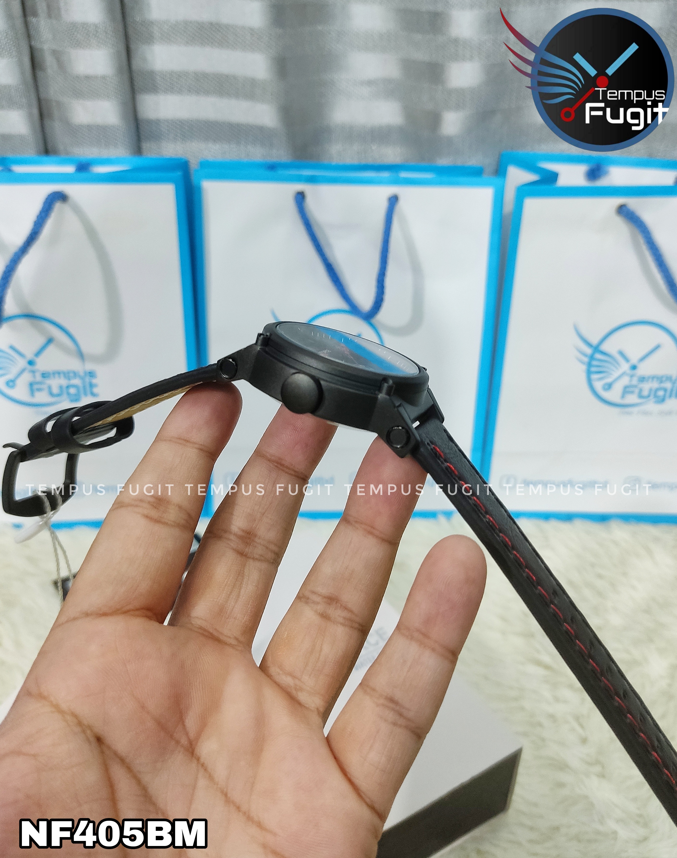 Naviforce 9099 Gents Belt Watch- Black Dial with Red Markings- Black Bezel- Black Belt (Red Stitch)- TF Code NF405BM_img_9