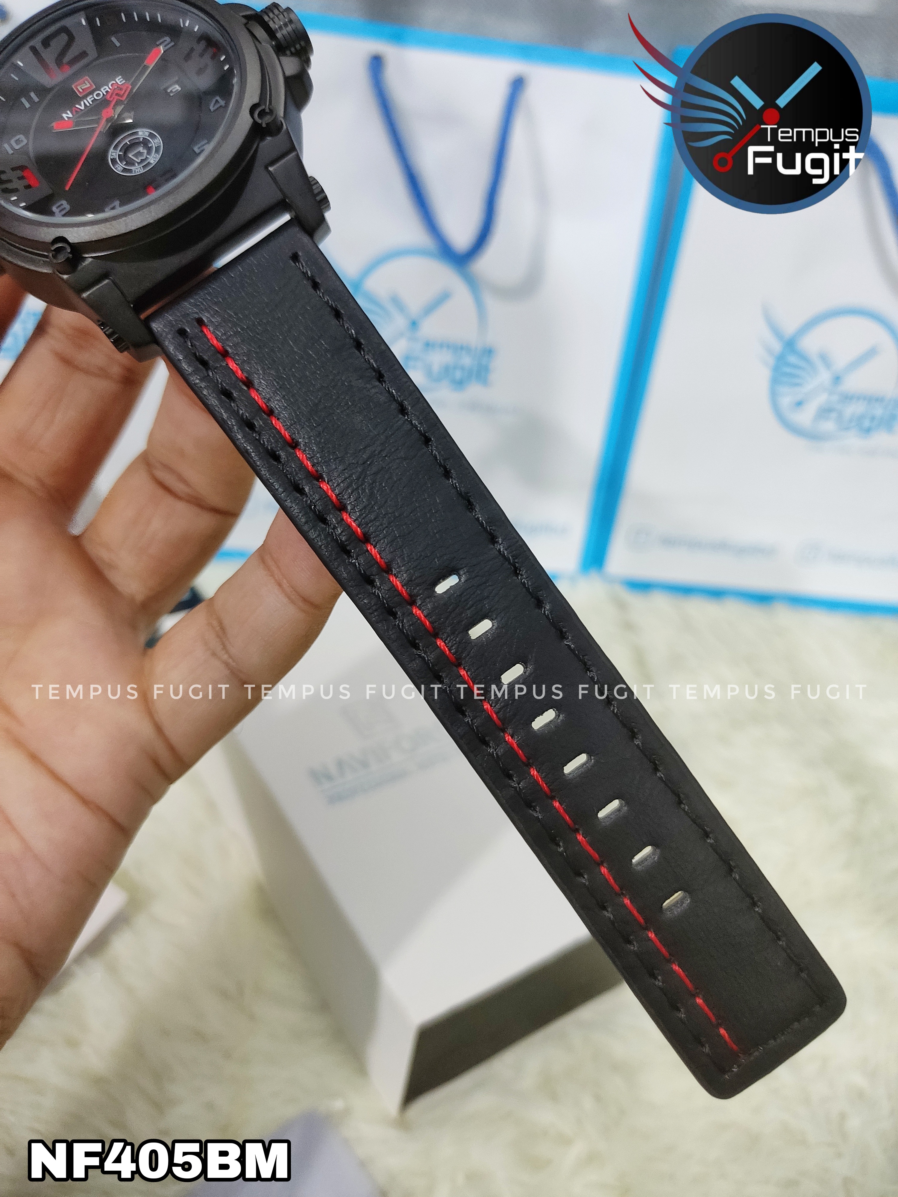Naviforce 9099 Gents Belt Watch- Black Dial with Red Markings- Black Bezel- Black Belt (Red Stitch)- TF Code NF405BM_img_10