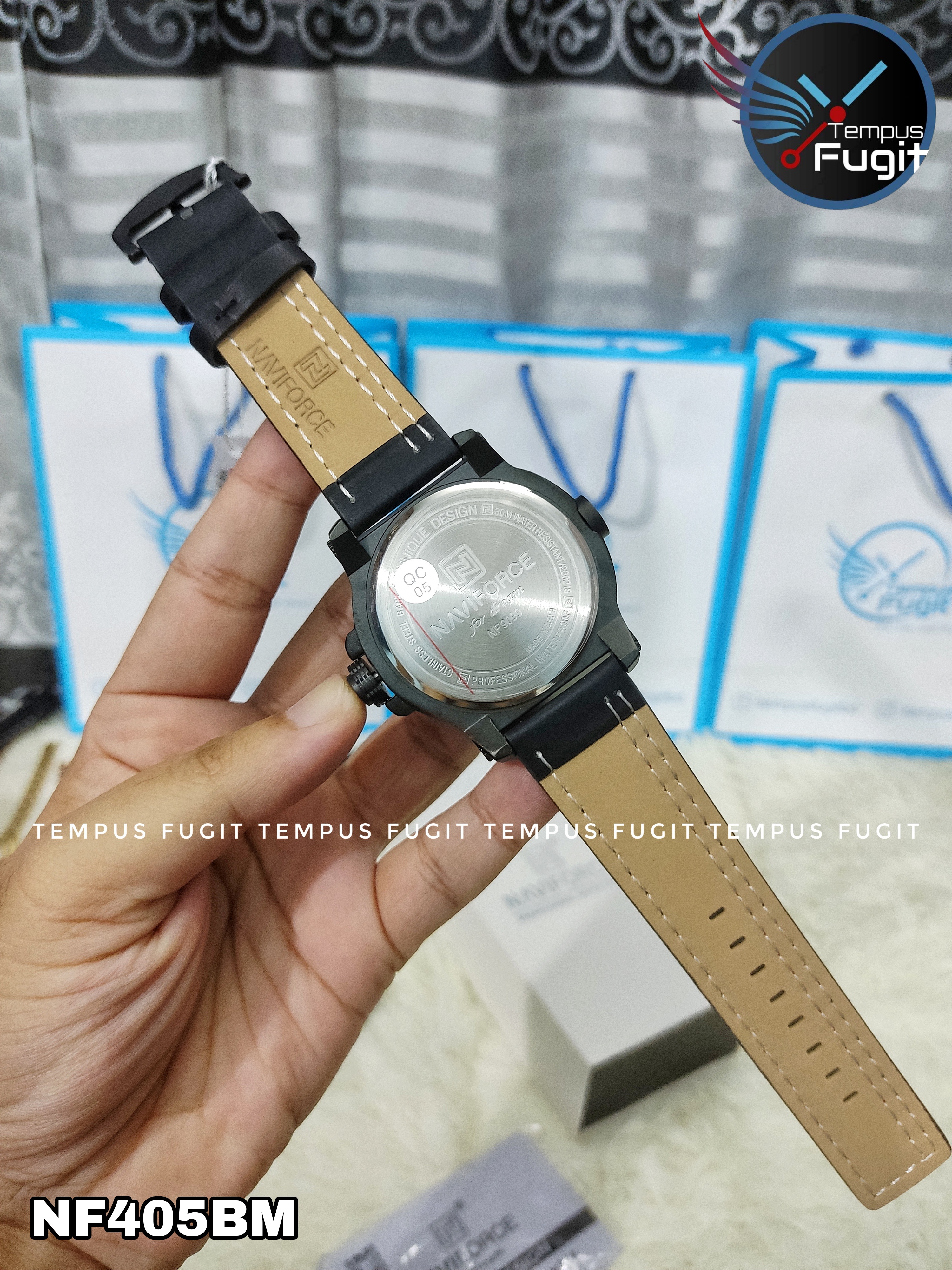 Naviforce 9099 Gents Belt Watch- Black Dial with Red Markings- Black Bezel- Black Belt (Red Stitch)- TF Code NF405BM_img_11