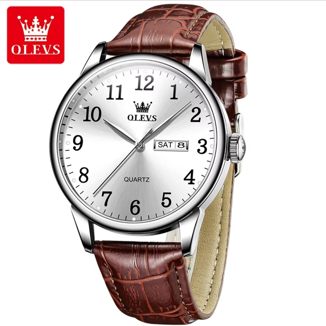 OLEVS 5535 Gents Belt Watch- Silver Dial- Silver Bezel- Leather Color Belt- TF Code OL838BM_img_1