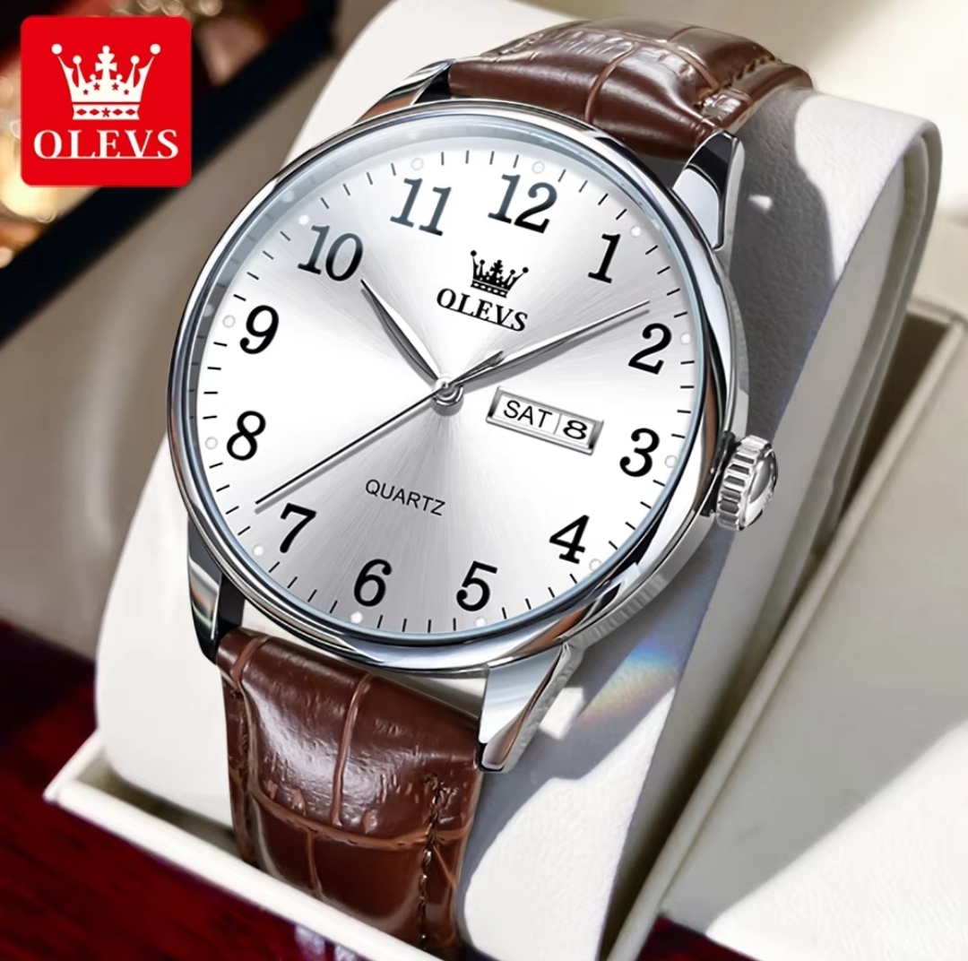 OLEVS 5535 Gents Belt Watch- Silver Dial- Silver Bezel- Leather Color Belt- TF Code OL838BM_img_2