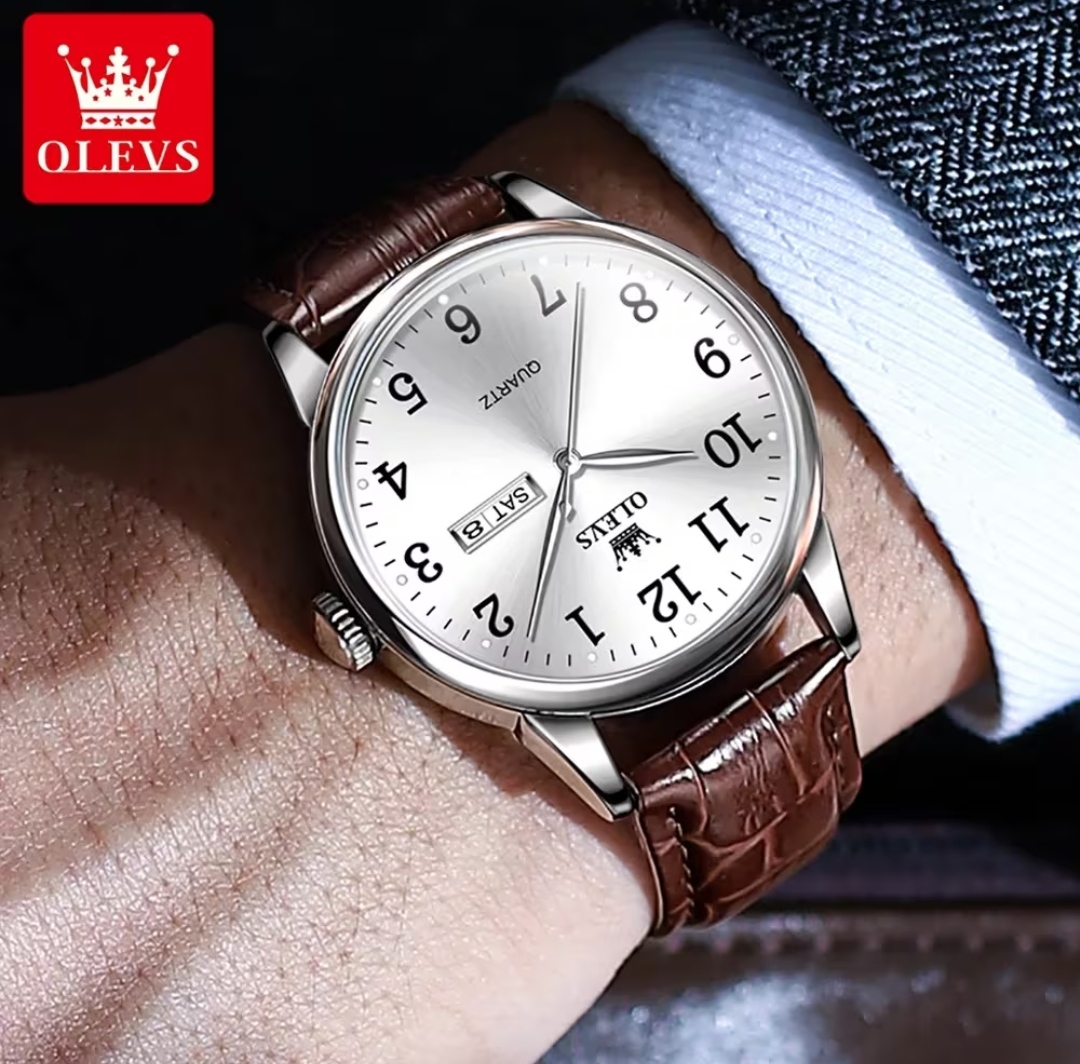 OLEVS 5535 Gents Belt Watch- Silver Dial- Silver Bezel- Leather Color Belt- TF Code OL838BM_img_3