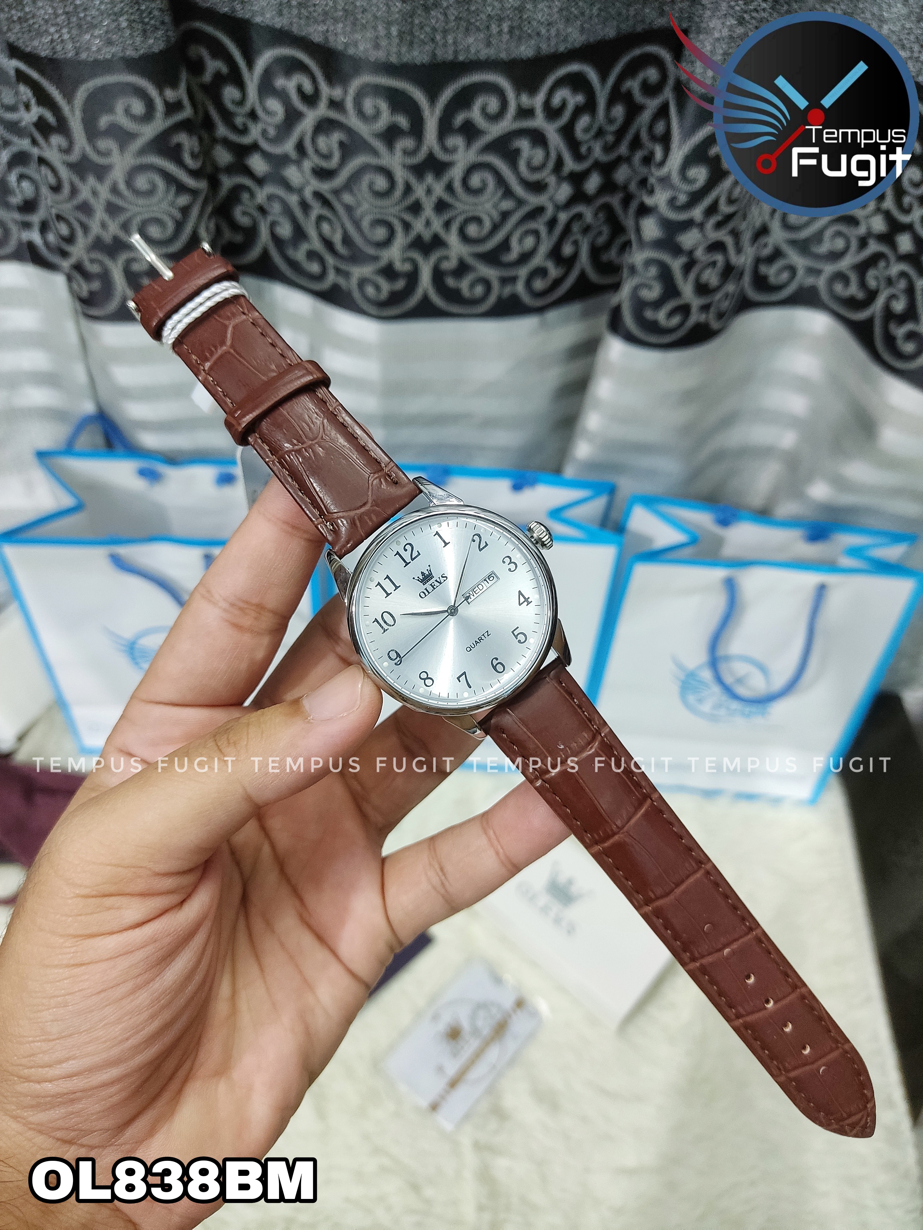 OLEVS 5535 Gents Belt Watch- Silver Dial- Silver Bezel- Leather Color Belt- TF Code OL838BM_img_5