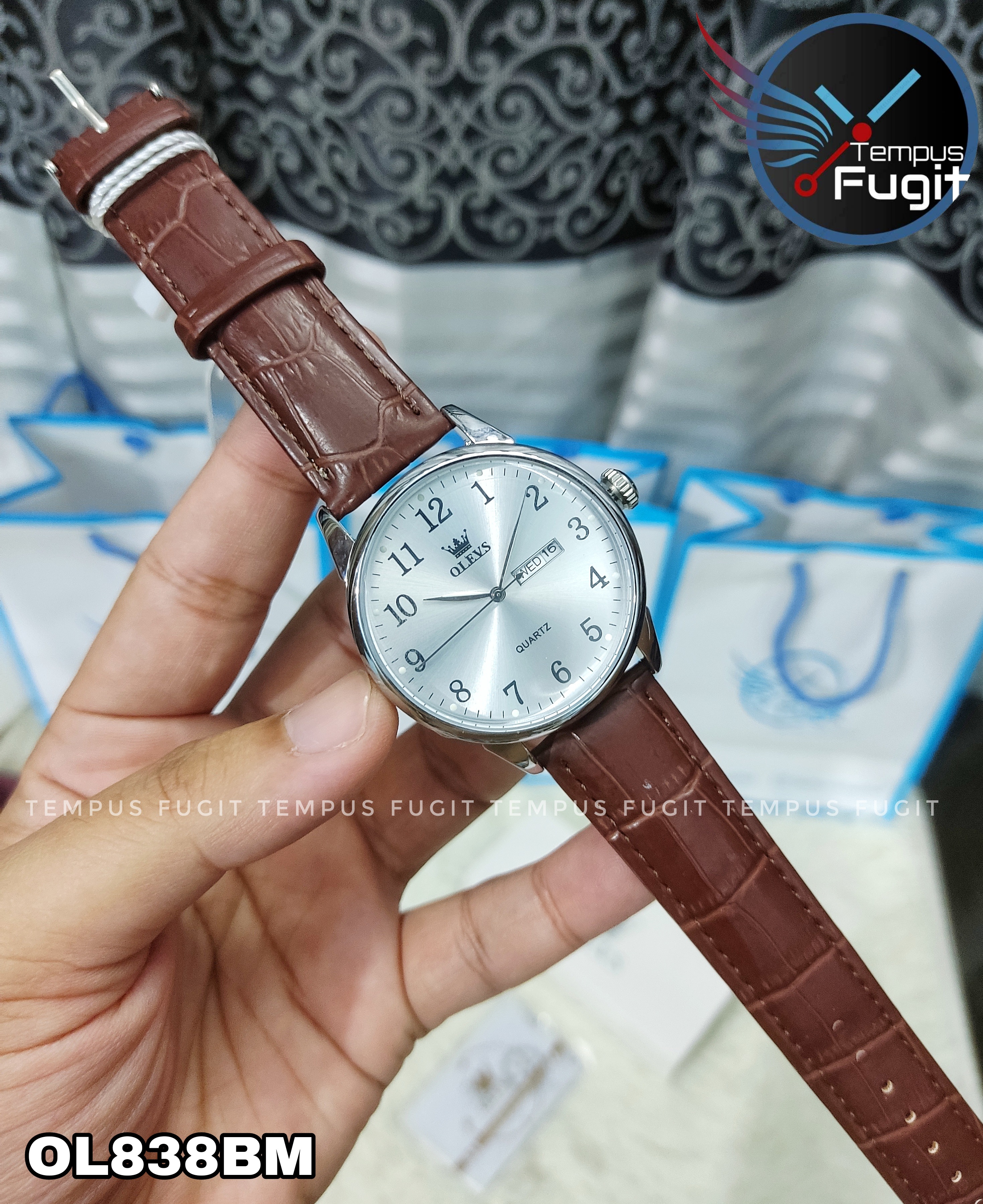 OLEVS 5535 Gents Belt Watch- Silver Dial- Silver Bezel- Leather Color Belt- TF Code OL838BM_img_6