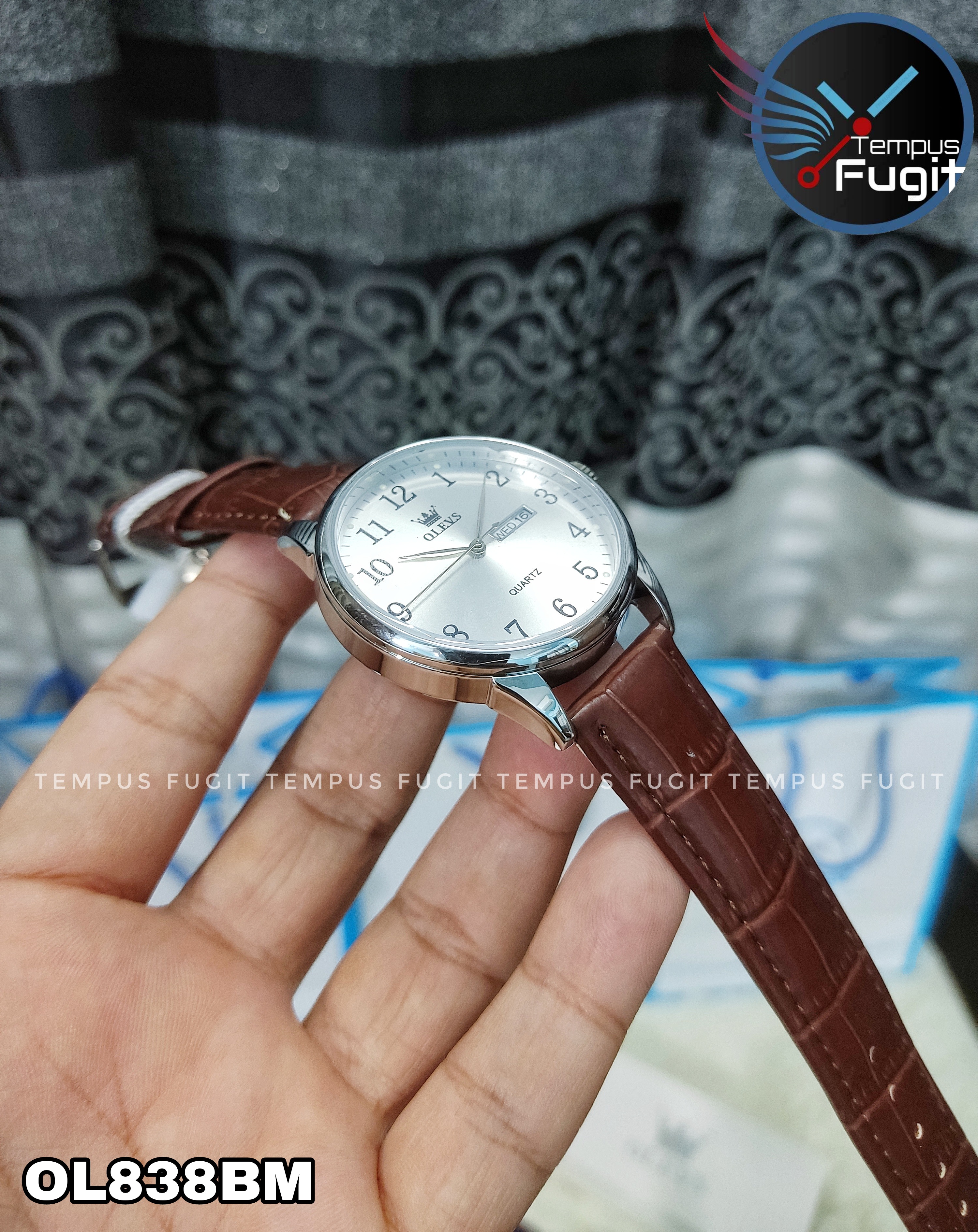 OLEVS 5535 Gents Belt Watch- Silver Dial- Silver Bezel- Leather Color Belt- TF Code OL838BM_img_7