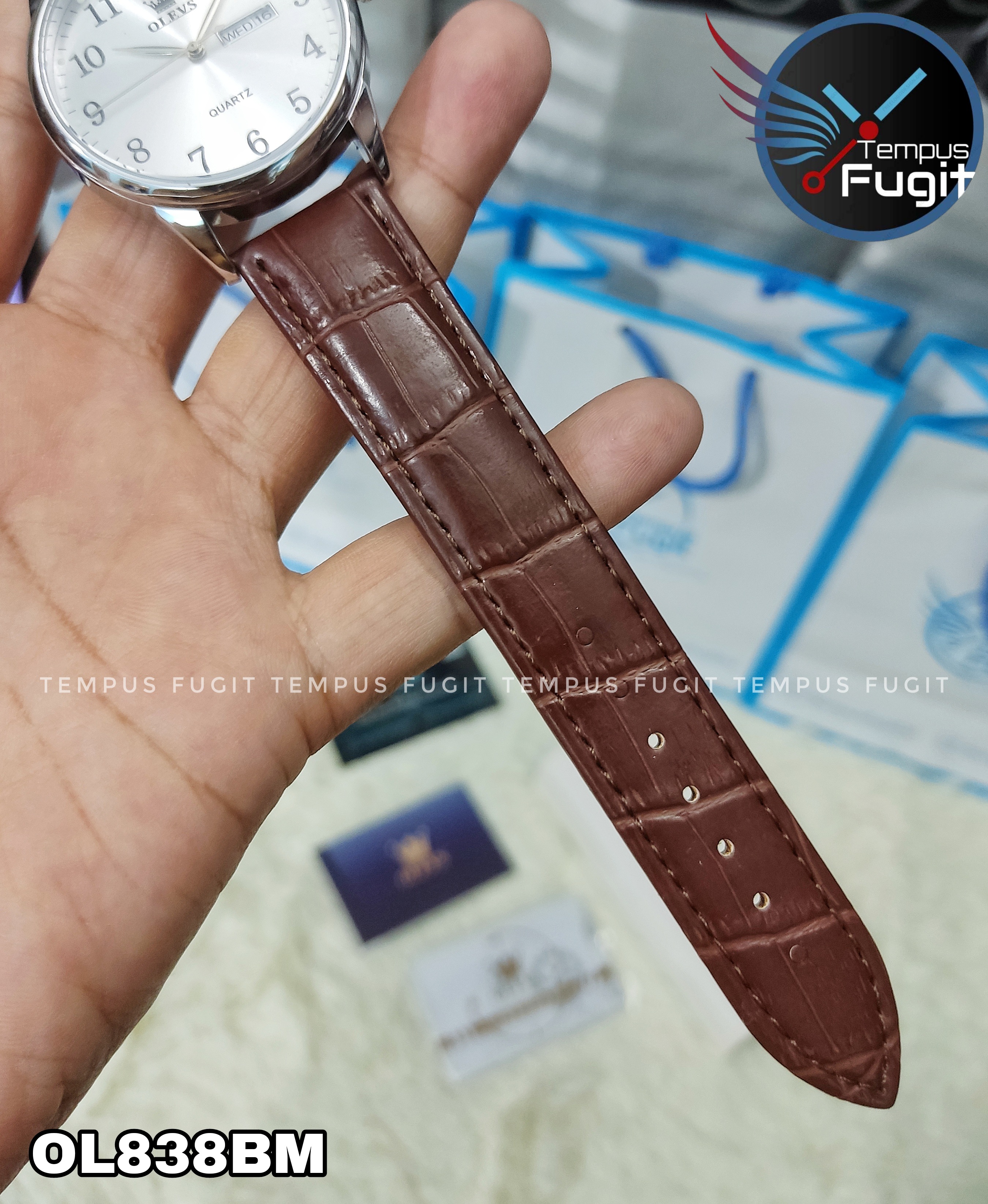 OLEVS 5535 Gents Belt Watch- Silver Dial- Silver Bezel- Leather Color Belt- TF Code OL838BM_img_8