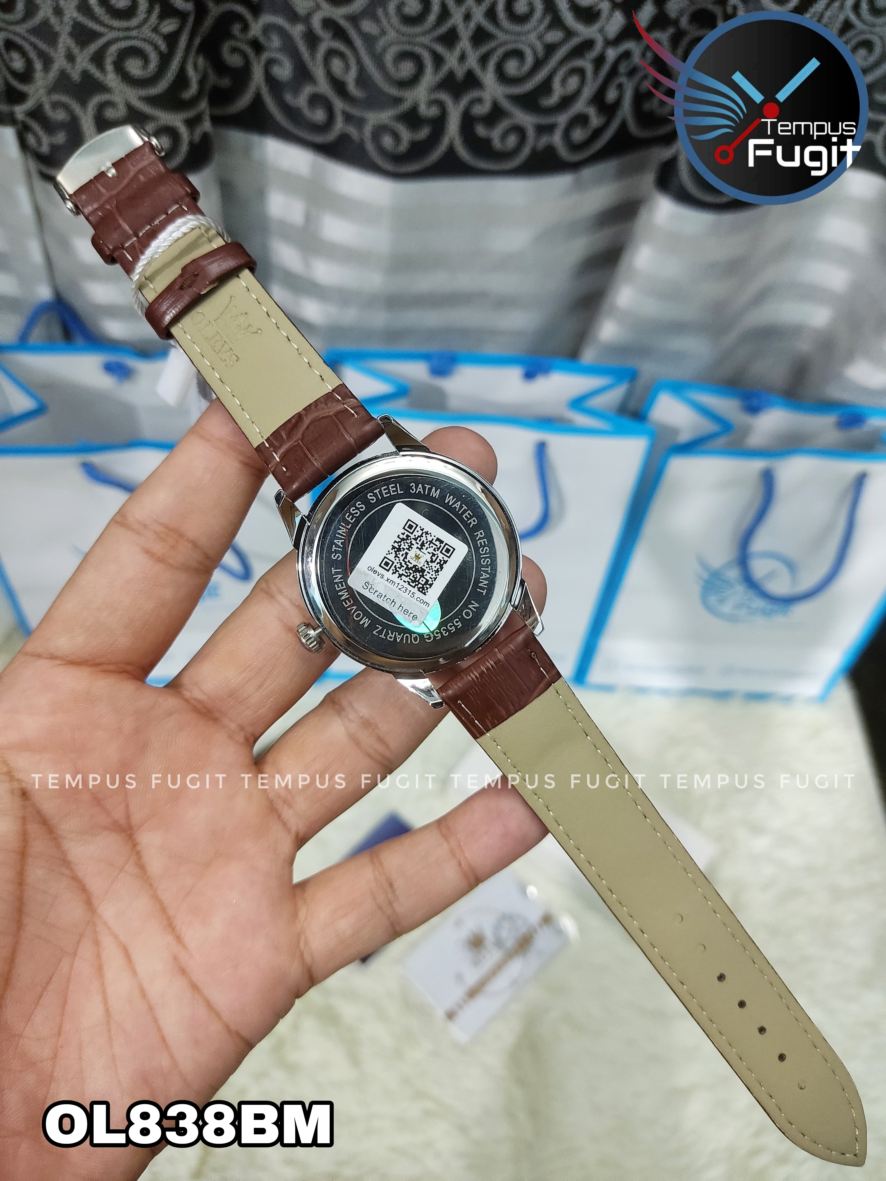 OLEVS 5535 Gents Belt Watch- Silver Dial- Silver Bezel- Leather Color Belt- TF Code OL838BM_img_9