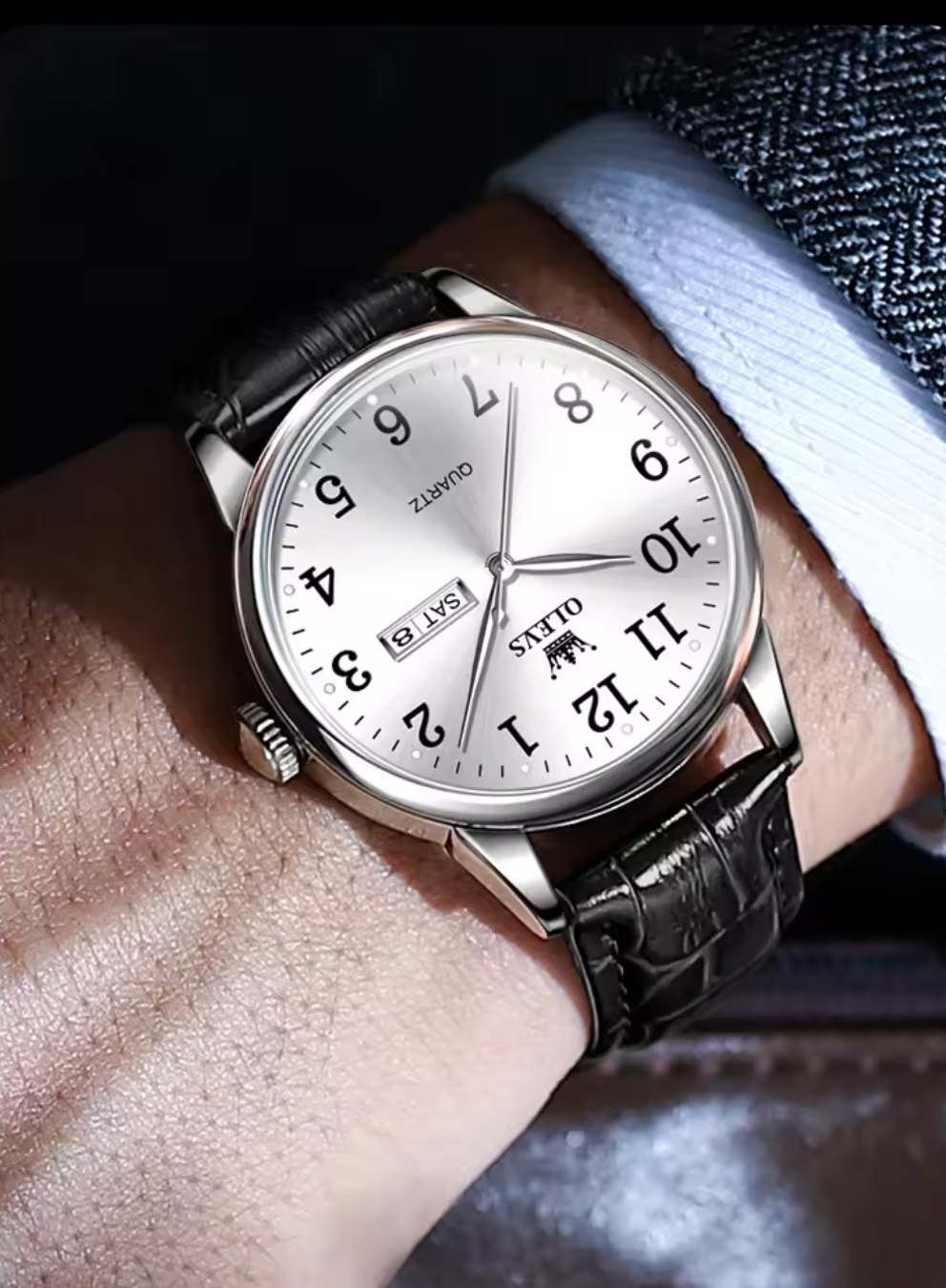 OLEVS 5535 Gents Belt Watch- Silver Dial- Silver Bezel- Black Belt- TF Code OL839BM_img_2