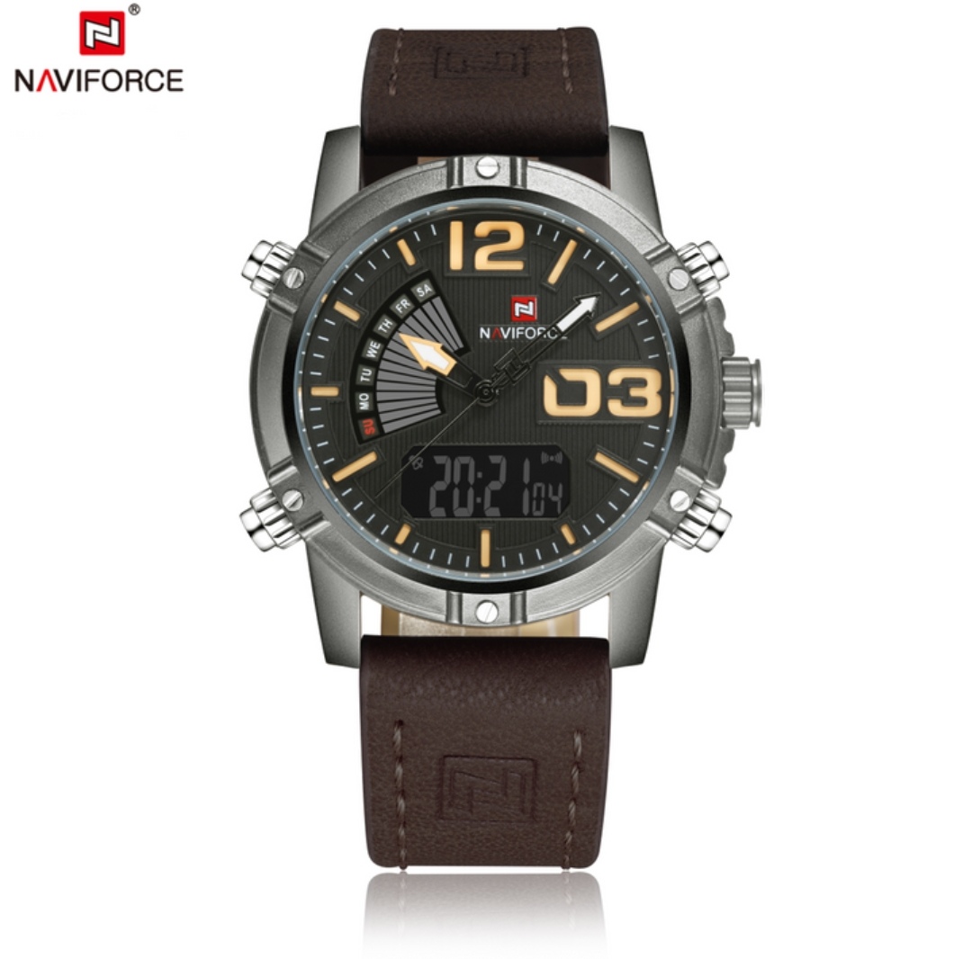 Naviforce 9095 Two Time Gents Belt Watch- Coffee Dial with Yellow Markings- Grey Bezel- Chocolate Belt- TF Code NF858BM_img_0
